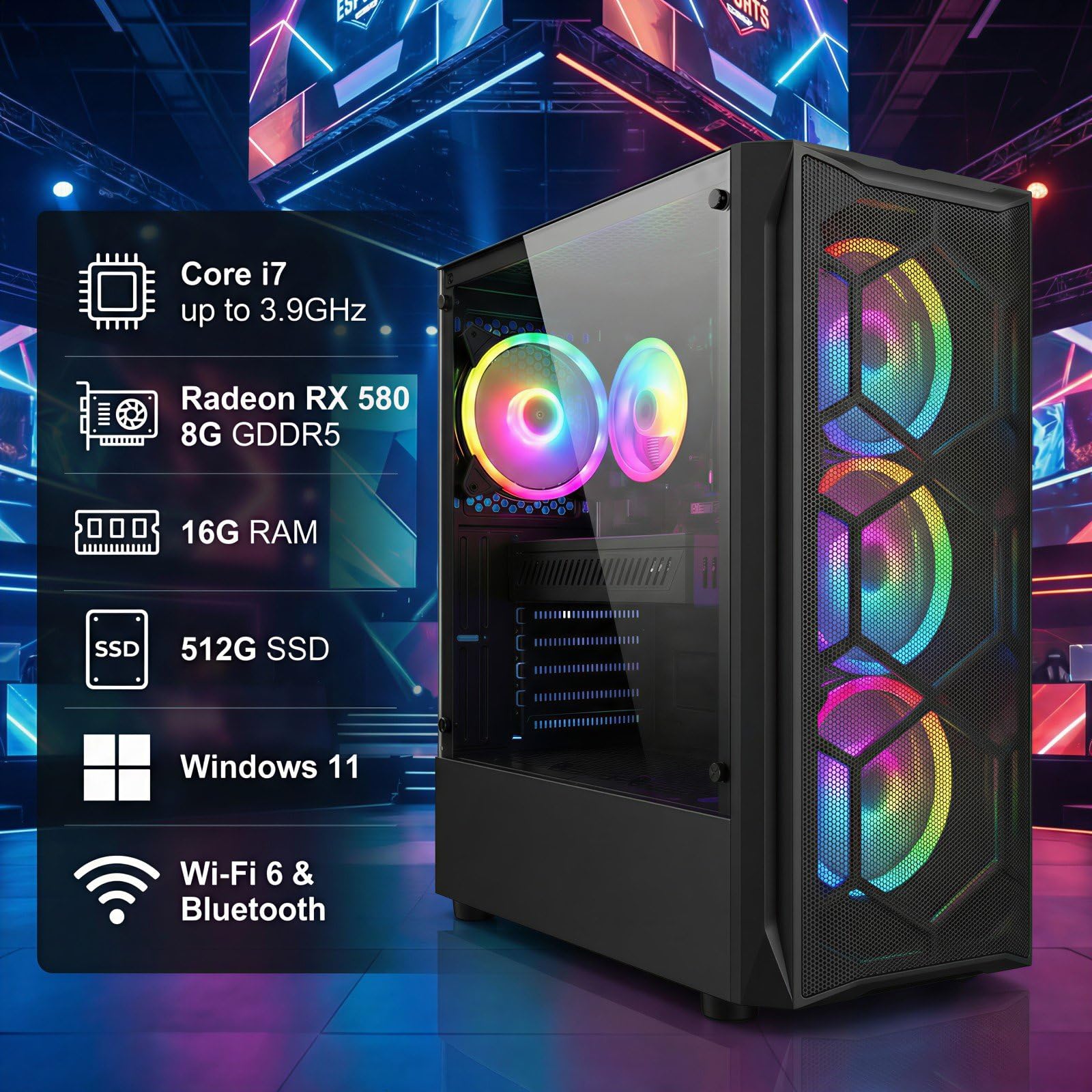 STGAubron Gaming PC Desktop Computer, Intel Core i7 up to 3.9GHz, Radeon RX 580 8G, 16G RAM, 512G SSD, WiFi 6, BT 5.0, RGB Fan x4, Windows 11 Home - Flex Gamingproduct_type