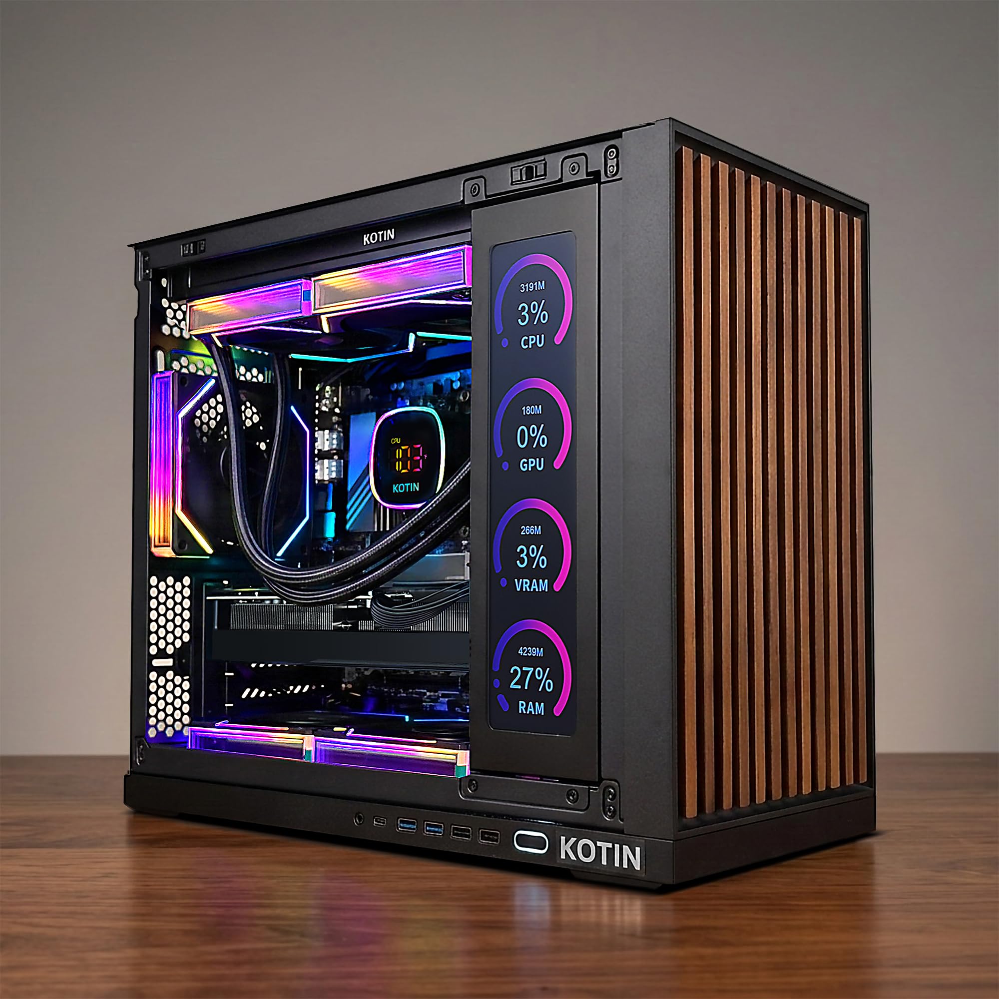 KOTIN Prebuilt Gaming PC RTX 5070 12GB, Ryzen 7 9700X, 32GB DDR5, 1TB SSD | 11.3in Secondary Display, 850W 80+ Gold PSU, 360mm Liquid Cooler, WiFi 7, 1440p 4K ARGB Windows 11 Gaming Desktop Computer - Flex Gamingproduct_type