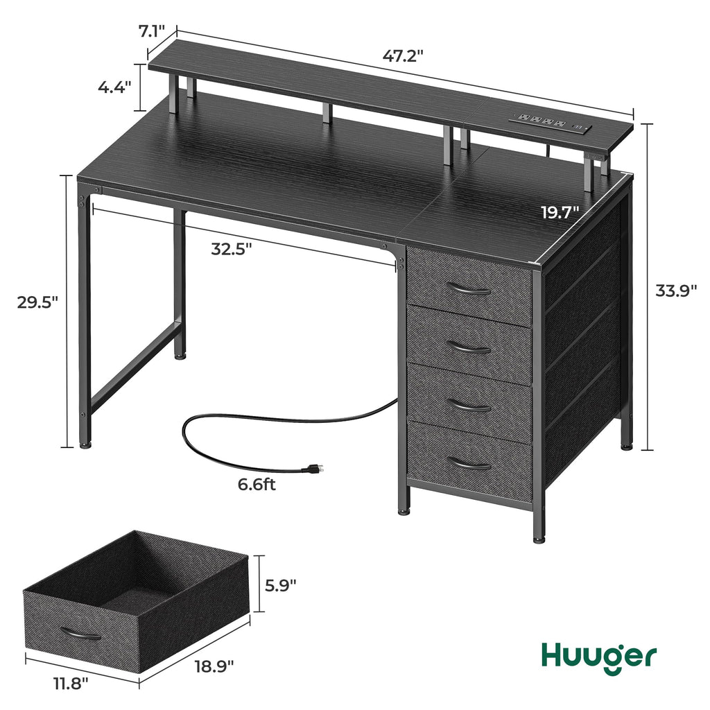 Huuger 47 Inch Computer Desk with Power Outlets and LED Lights, Gaming Desk with 4 Drawers, Office Desk with Monitor Stand, Study Work Home Office, Small Spaces, Black - Flex Gamingproduct_type
