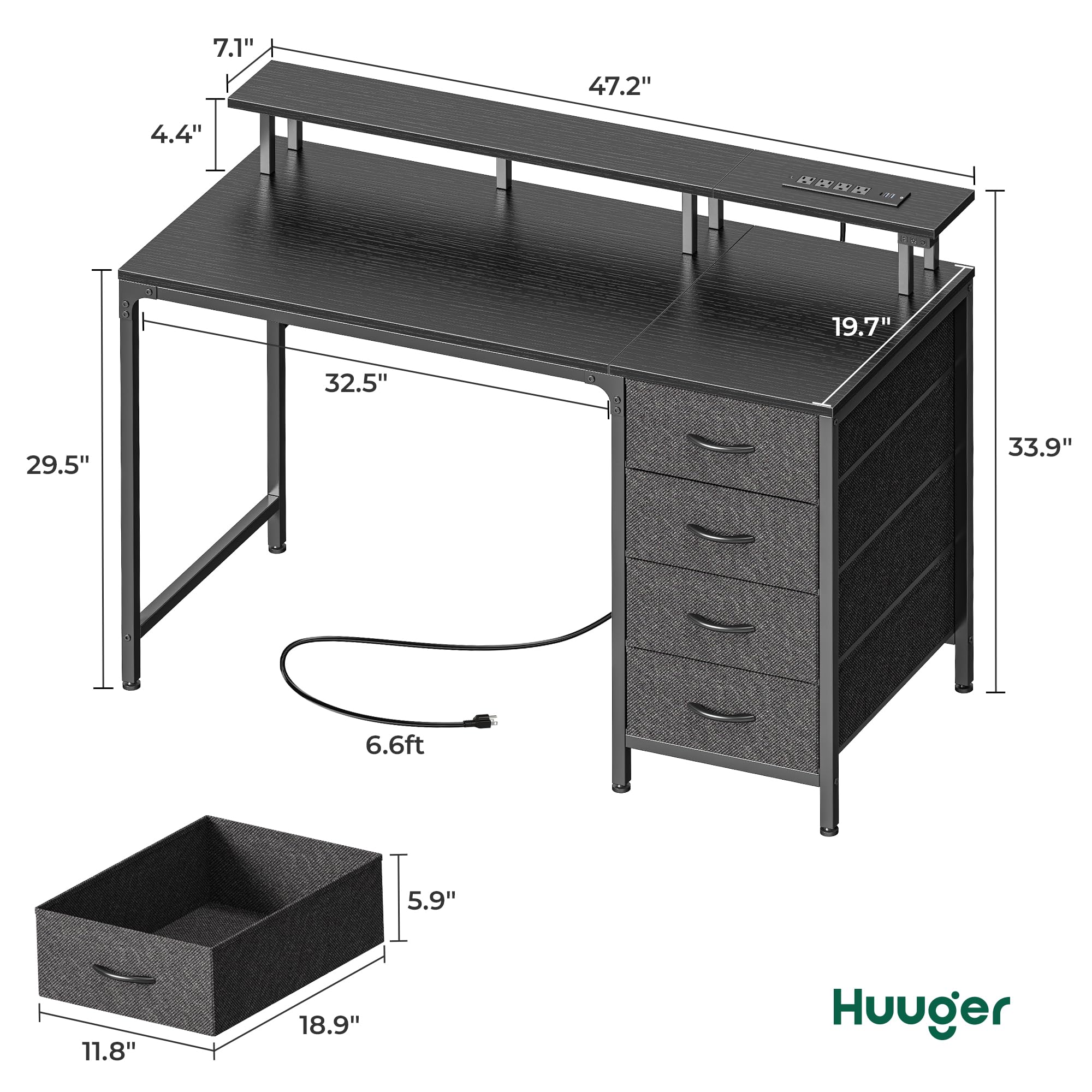 Huuger 47 Inch Computer Desk with Power Outlets and LED Lights, Gaming Desk with 4 Drawers, Office Desk with Monitor Stand, Study Work Home Office, Small Spaces, Black - Flex Gamingproduct_type