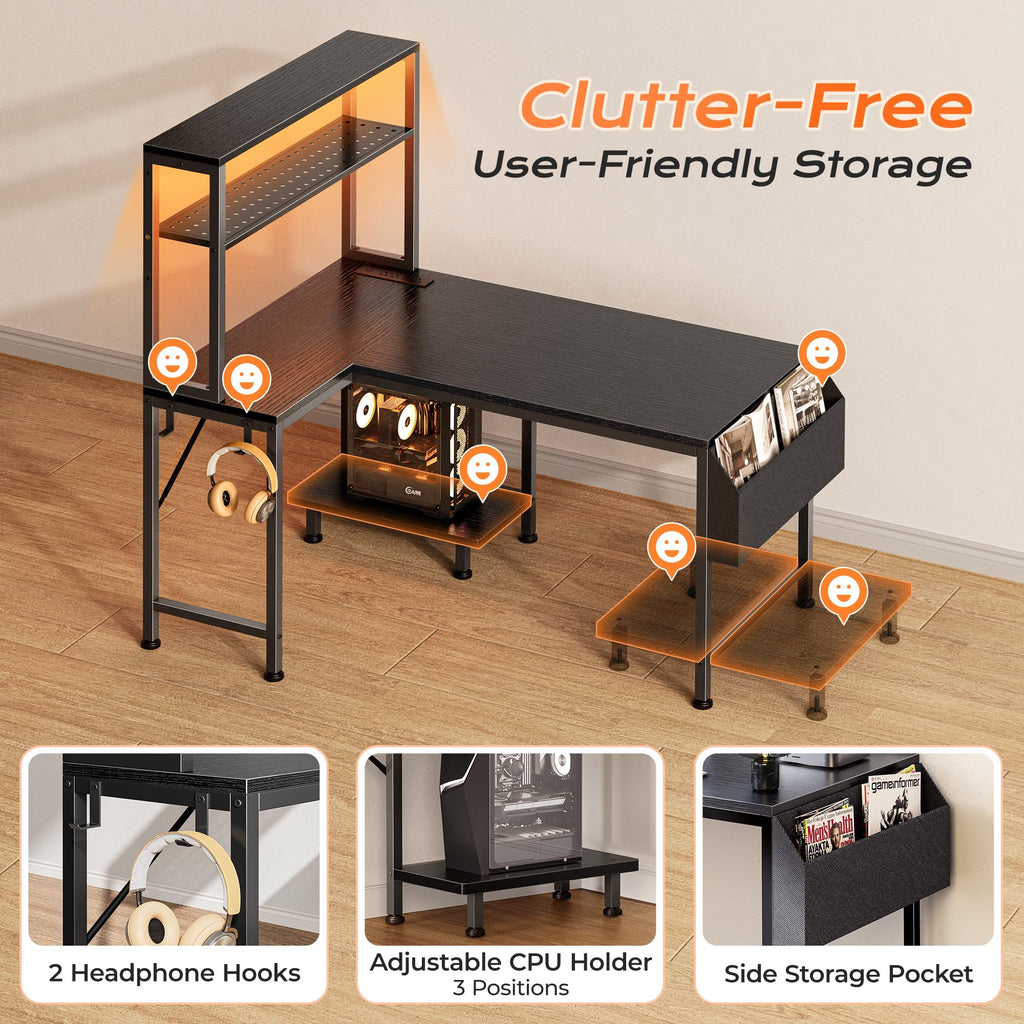 PRAISUN L Shaped Gaming Desk with LED Lights & Power Outlets, Reversible Computer Desk with Storage Shelves & Bag, Large Corner Home Office Desk with Pegboard for Work from Home, Black - Flex Gamingproduct_type