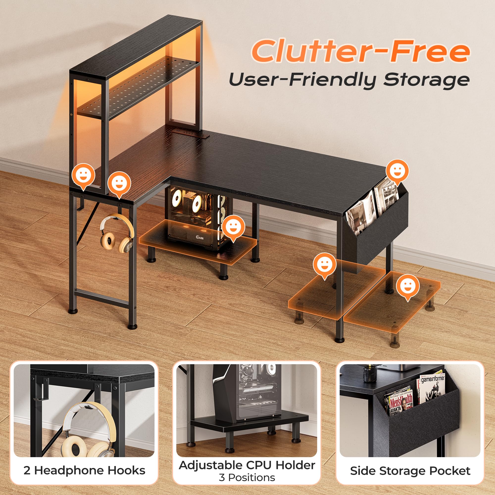 PRAISUN L Shaped Gaming Desk with LED Lights & Power Outlets, Reversible Computer Desk with Storage Shelves & Bag, Large Corner Home Office Desk with Pegboard for Work from Home, Black - Flex Gamingproduct_type