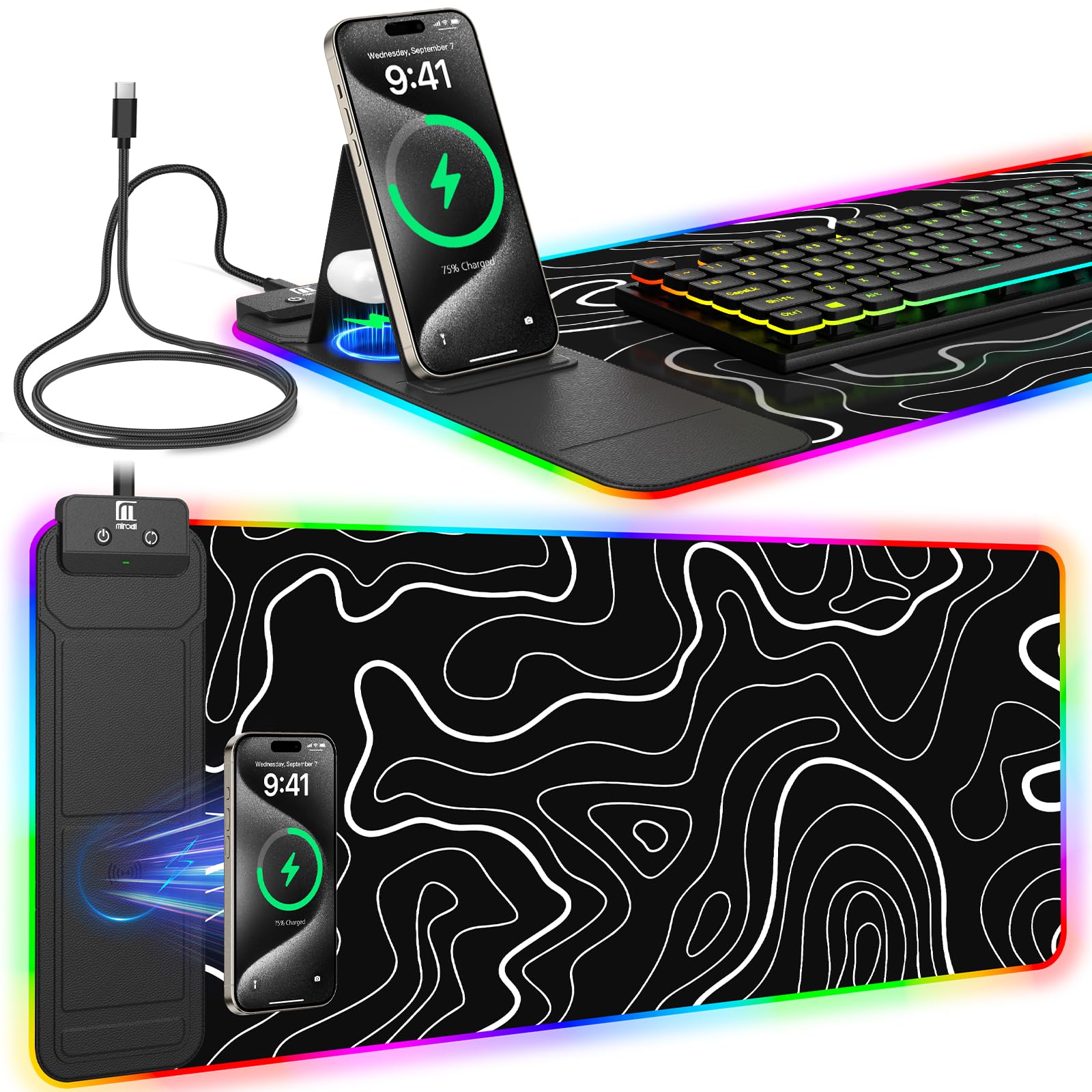 XXL Mouse Pad with Phone Holder - Black, RGB Desk Mat with 15W Fast Charging, LED Gaming Mousepad with 11 Light Colors, Waterproof Non-Slip Pad for Office & Home (Wave) - Flex Gamingproduct_type