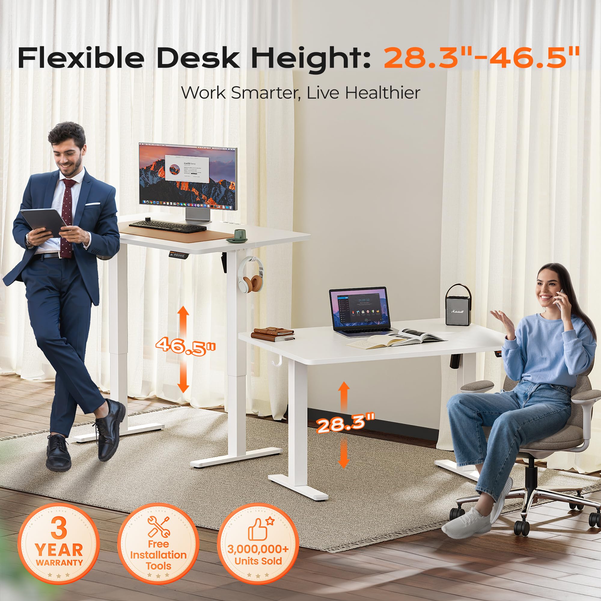 Huuger 55 x 28 Large Electric Standing Desk, Height Adjustable Computer Desk, 27.6" Deep Desktop, Stand up Gaming Office Table with 2 Hooks, 3 Preset Heights, for Home Office, Black - Flex Gamingproduct_type