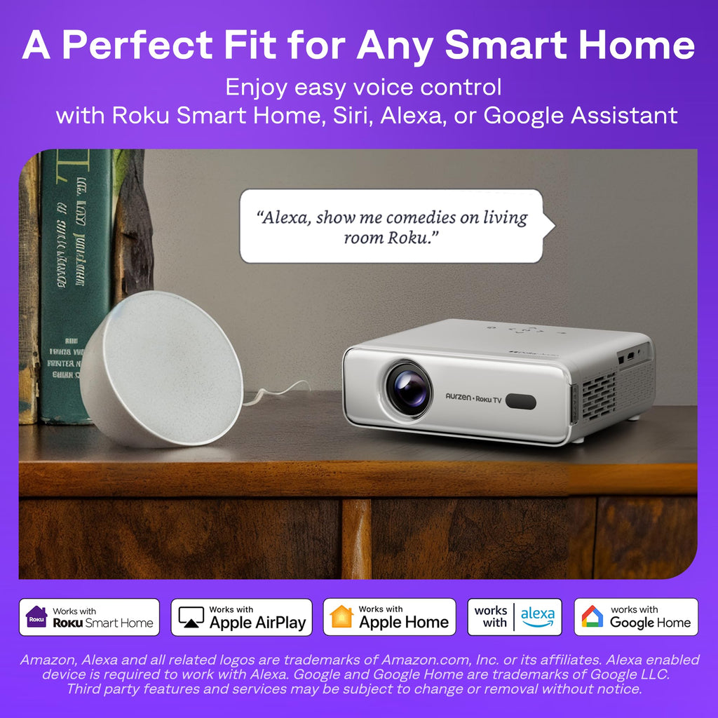 Aurzen Roku TV Smart Projector with Wifi and Bluetooth, Roku TV Built-in, 1080P FHD, DoIby Audio, Auto Focus & Keystone, Zoom, Movie Portable Outdoor Mini Projector for Soccer Football Game, White - Flex Gamingproduct_type