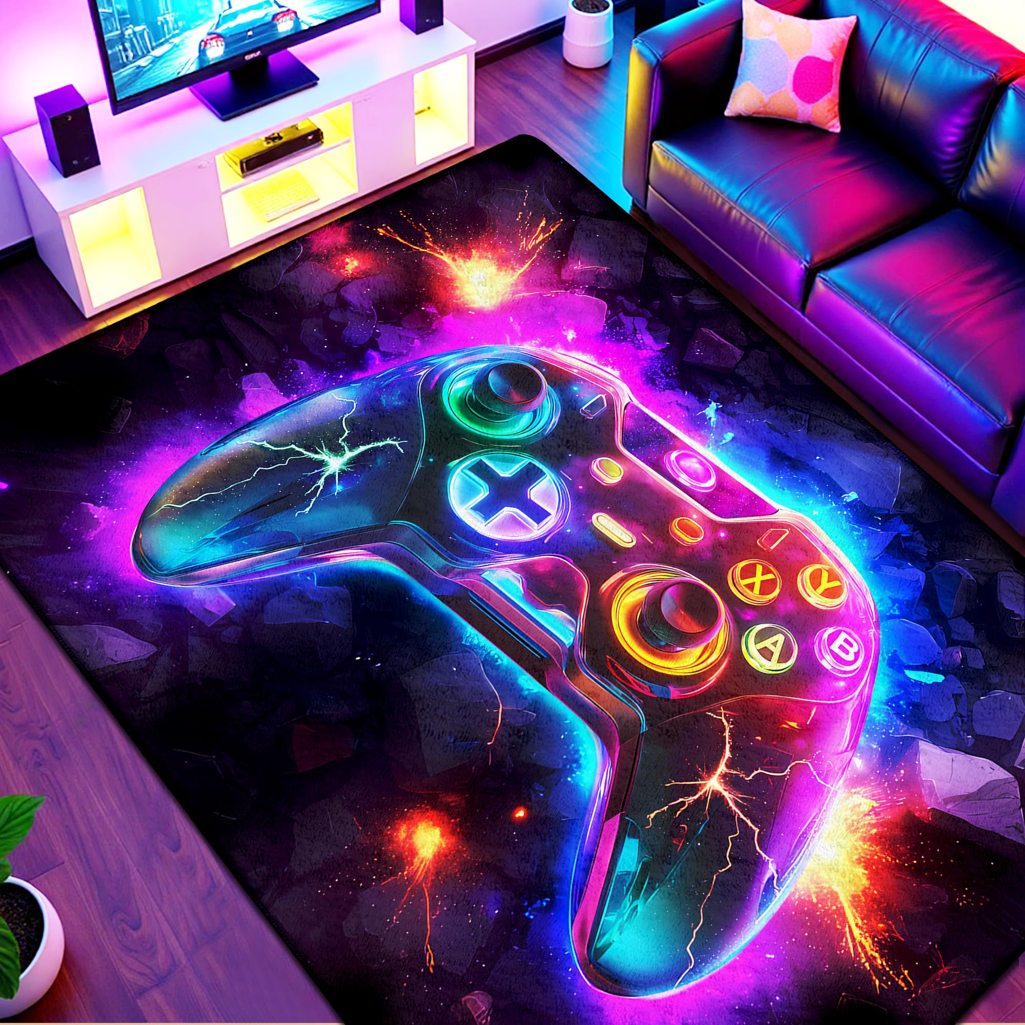 5x7 ft Neon Gaming Area Rug for Boys Room, Colorful Game Controller Carpet for Gamer Room Decor, Low Pile Non-Slip Video Game Rug for Teens Playroom or Game Zone - 03 - Flex Gamingproduct_type