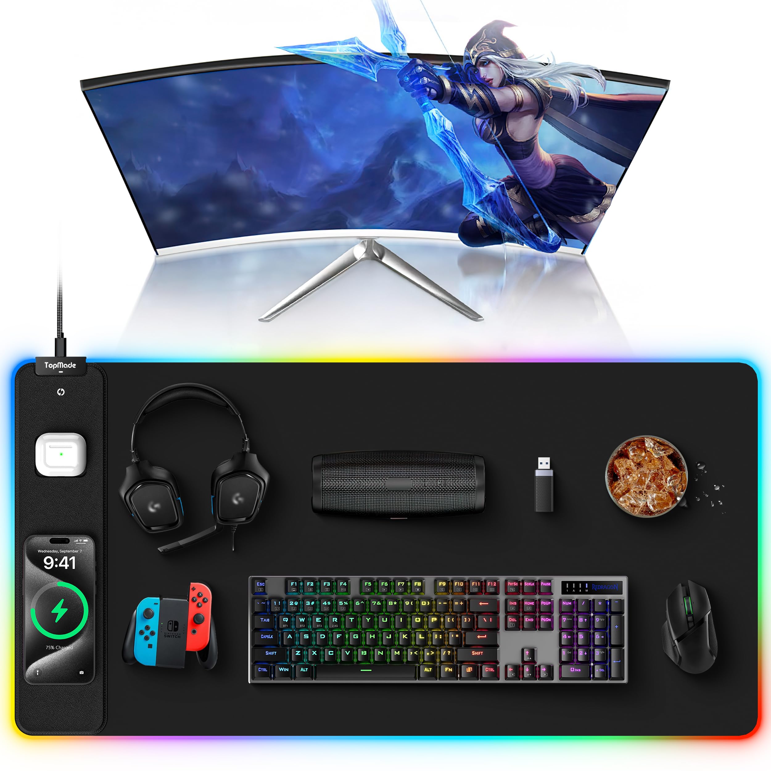 TopMade Wireless Charging RGB Mouse Pad, Waterproof Gaming Desk Mat with 4 Light Modes & 11 RGB Colors, 31.5"x15.75" XXL Large Desk Pad(Includes 20W PD Power Adapter & 6.56ft Woven Cable) - Flex Gamingproduct_type