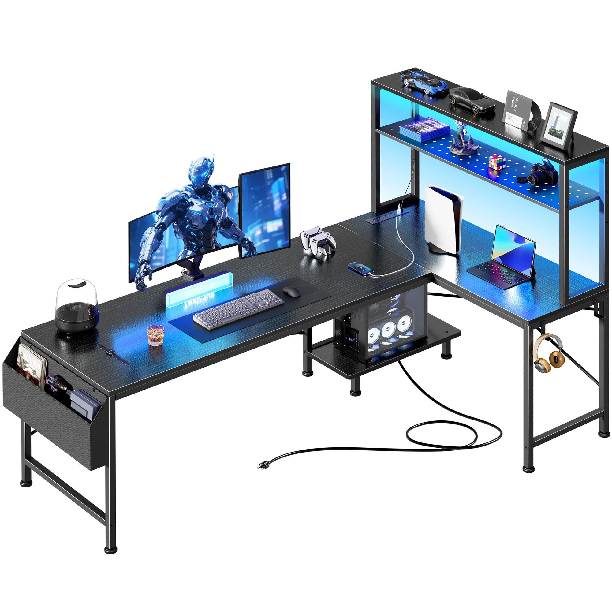 PRAISUN L Shaped Gaming Desk with LED Lights & Power Outlets, Reversible Computer Desk with Storage Shelves & Bag, Large Corner Home Office Desk with Pegboard for Work from Home, Black - Flex Gamingproduct_type