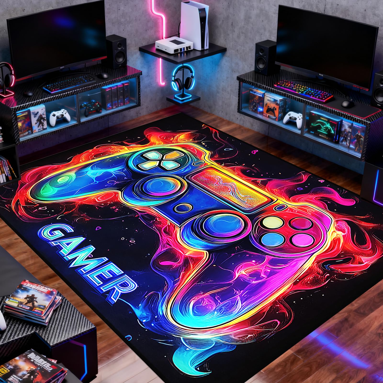 Video Game Shaped Carpet Rug - Gamepad Shaped Area Rug for Boys Bedroom Gaming Themed Area Rugs Kids Boys Gaming Room Decor, 4.5x6 Feet - Flex Gamingproduct_type