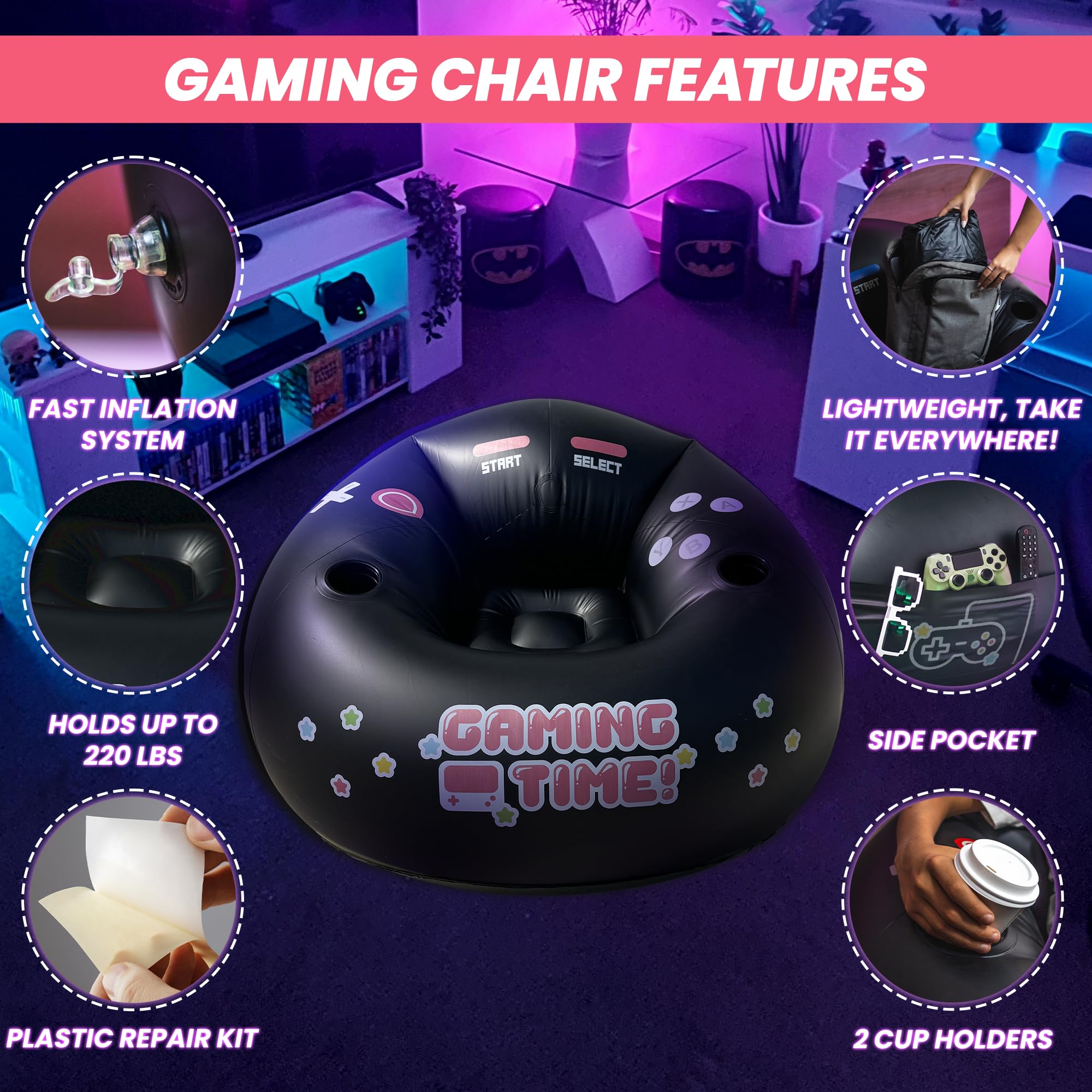 Inflatable Gaming Chair for Kids & Teens with Cup Holders and Side Pocket - This Air Gaming Bean Bag Chairs for kids is The Perfect Furniture for Gamer Room Decor - Perfect Gaming Stuff for boys 4-12 - Flex Gamingproduct_type