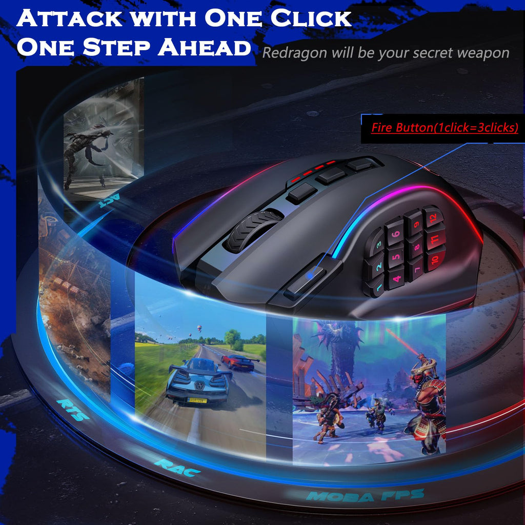 Redragon Gaming Mouse, MMO Mouse Gaming UP 12400 DPI, 19 Macro Programmable Buttons, RGB Mouse with 12 Side Buttons, 8 * 2.4g Weight Tuning for PC Laptop MOBA FPS, M901K, Black - Flex Gamingproduct_type