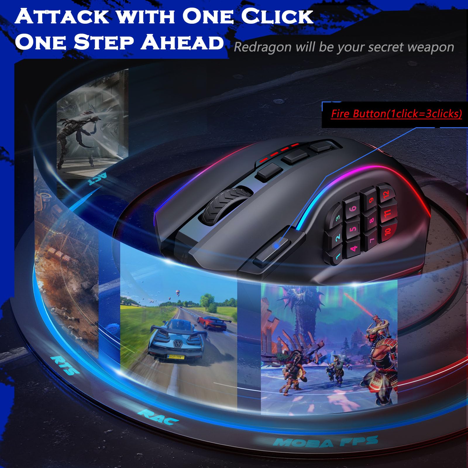 Redragon Gaming Mouse, MMO Mouse Gaming UP 12400 DPI, 19 Macro Programmable Buttons, RGB Mouse with 12 Side Buttons, 8 * 2.4g Weight Tuning for PC Laptop MOBA FPS, M901K, Black - Flex Gamingproduct_type