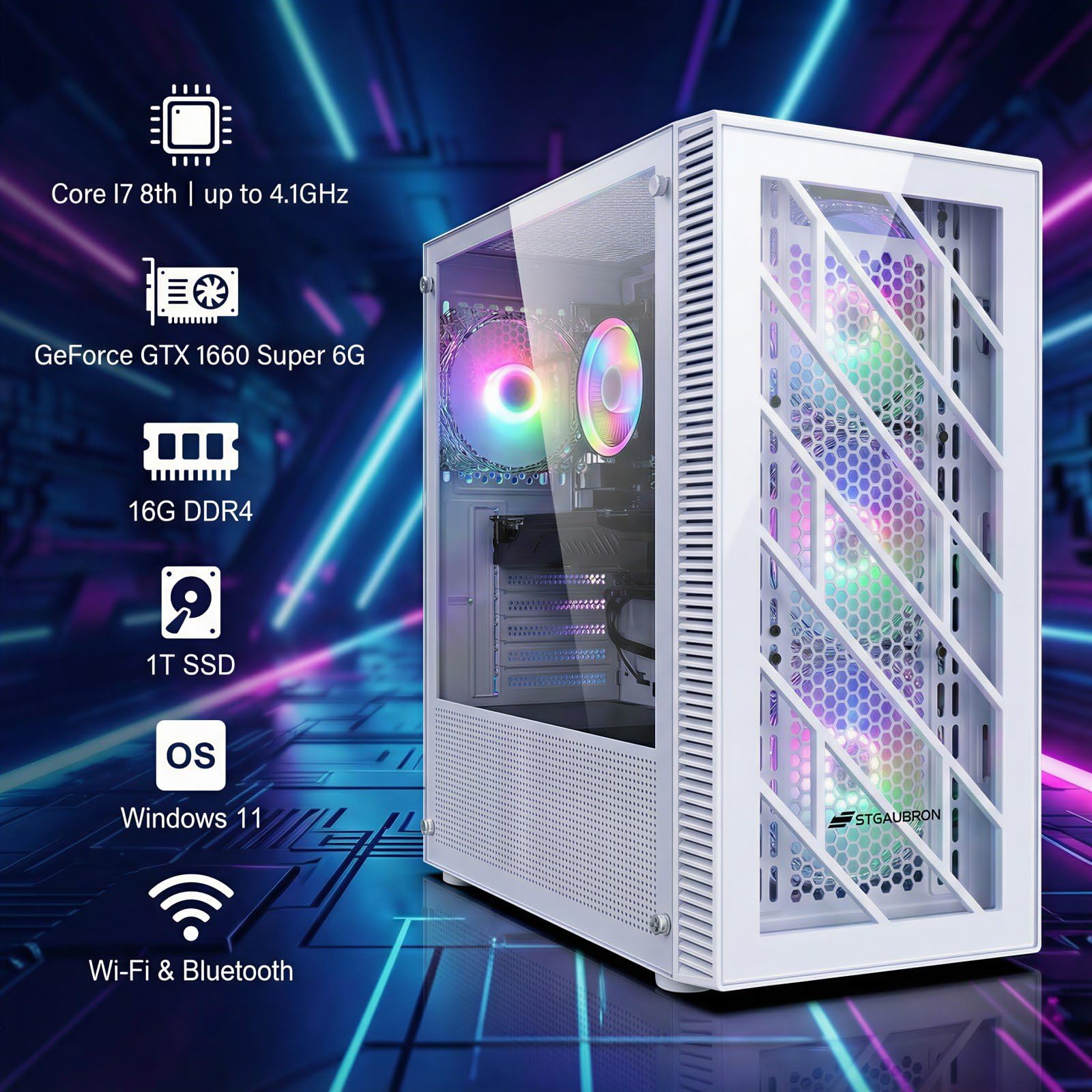 STGAubron Prebuilt Gaming PC Desktop, Radeon RX 560 4G, Intel Core i5 up to 3.6GHz, 16G RAM, 512G SSD, WiFi 6, BT 5.0, RGB Fan x2, Windows 11 Home - Flex Gamingproduct_type