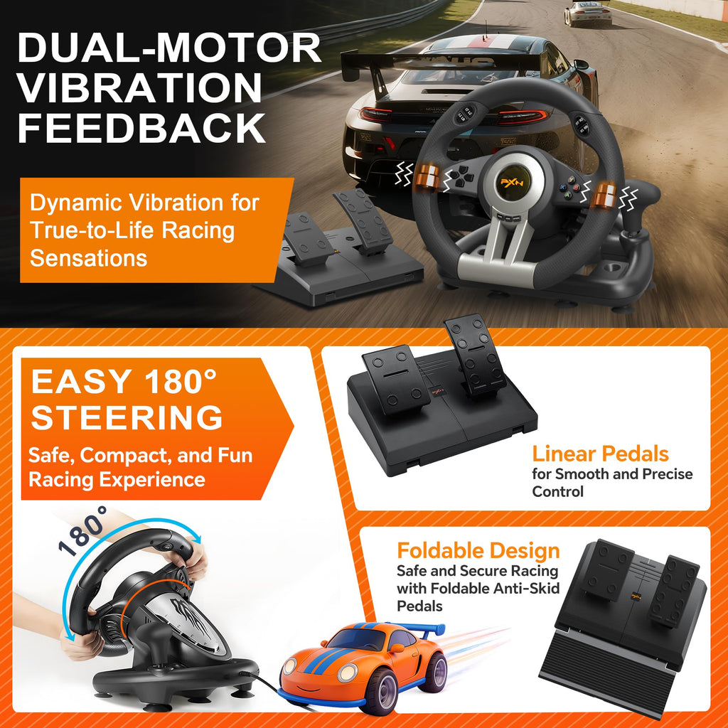 PXN V3 Pro Gaming Steering Wheel with Pedals | Dual Motor Vibration Feedback, Beginner Sim Racing Wheel for PC, PS4, Xbox Series S, Xbox Series X, Xbox One and Switch - Flex Gamingproduct_type