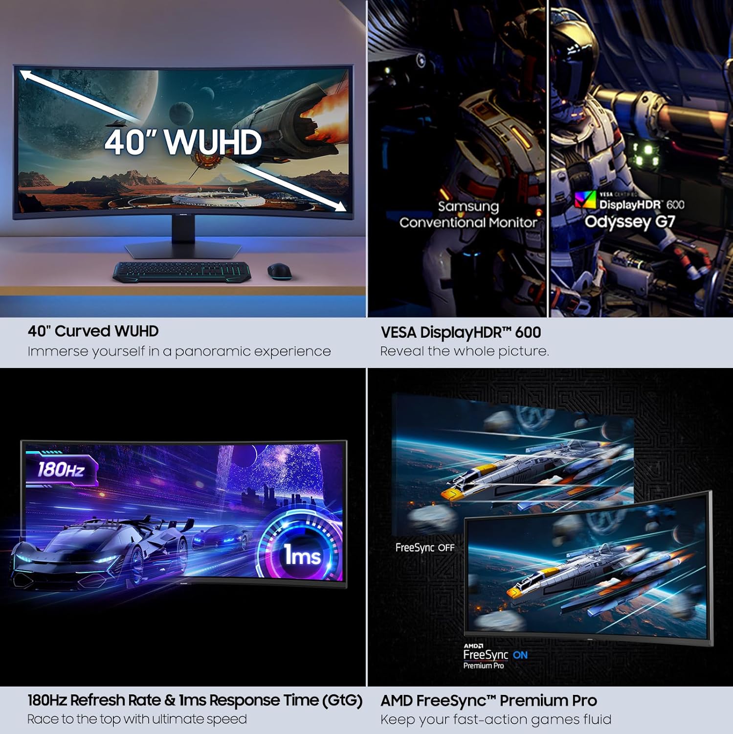 Samsung 40” Odyssey G7 (G75F) WUHD Resolution, 180Hz, Curved Gaming Monitor, 1ms Response Time (GtG), VESA DisplayHDR™ 600, AMD FreeSync™ Premium Pro, LS40FG75DENXZA, 2025 - Flex Gamingproduct_type