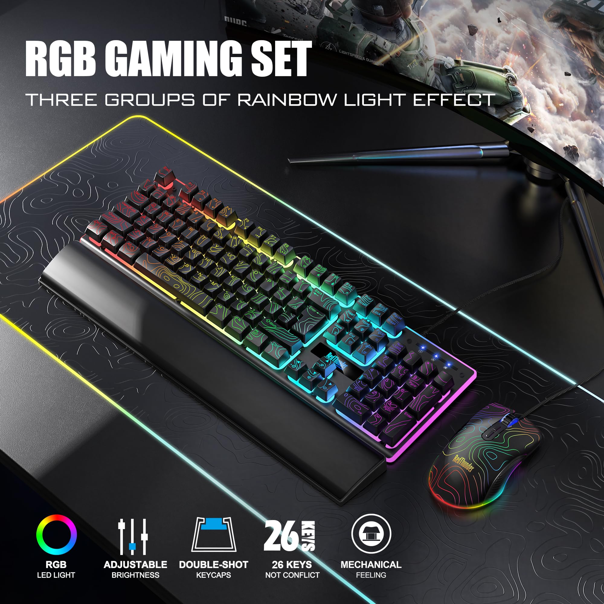 RedThunder K10 Wired Gaming Keyboard and Mouse and Wrist Rest Combo, RGB Backlit, Mechanical Feel Anti-ghosting Keyboard + 7D 7200 DPI Mice+Soft Leather Wrist Rest 3 in 1 PC Gamer Accessories(Black) - Flex Gamingproduct_type