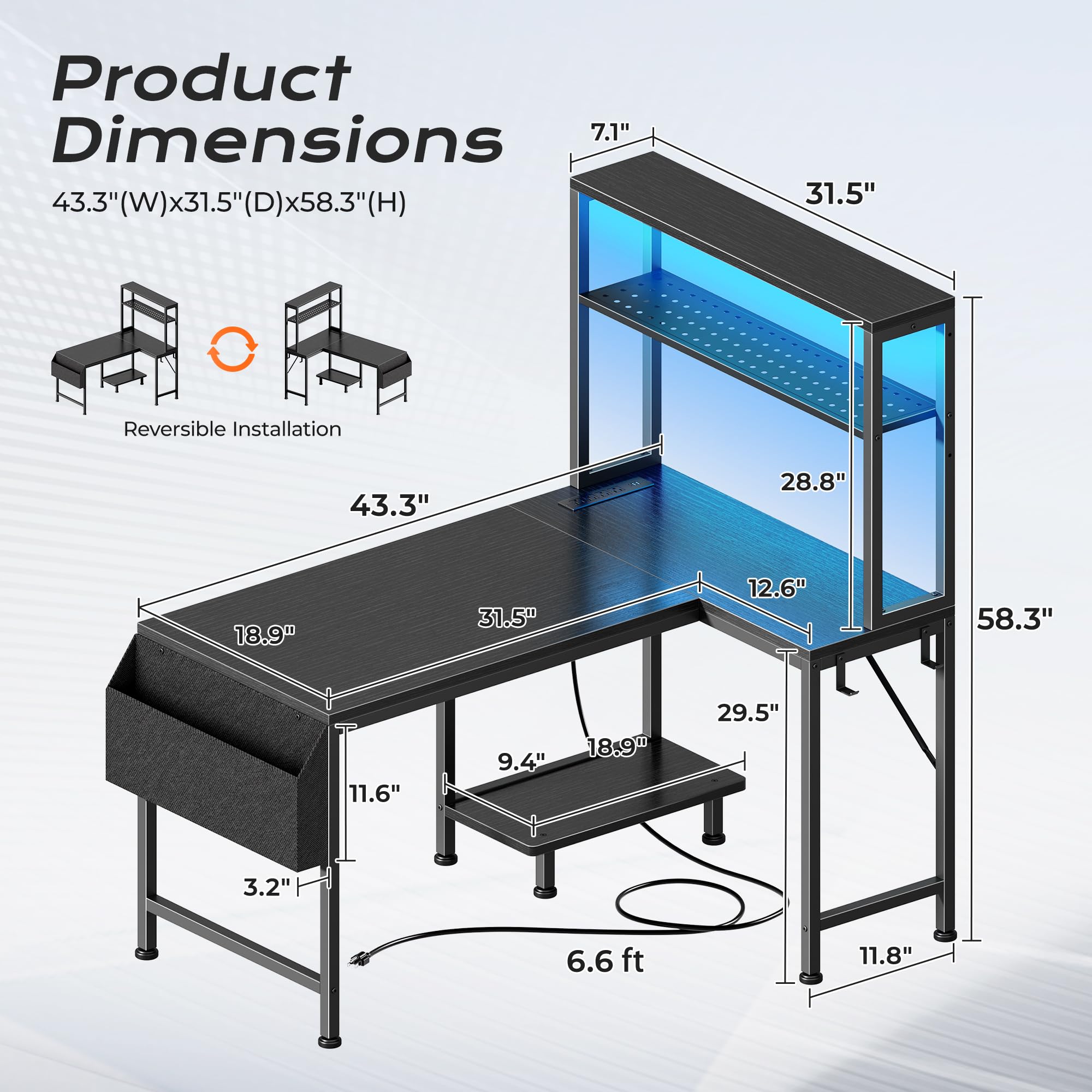 PRAISUN L Shaped Gaming Desk with LED Lights & Power Outlets, Reversible Computer Desk with Storage Shelves & Bag, Large Corner Home Office Desk with Pegboard for Work from Home, Black - Flex Gamingproduct_type