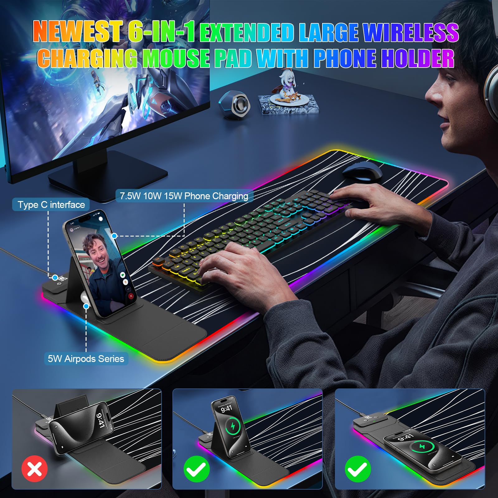 XXL Mouse Pad with Phone Holder - Black, RGB Desk Mat with 15W Fast Charging, LED Gaming Mousepad with 11 Light Colors, Waterproof Non-Slip Pad for Office & Home (Wave) - Flex Gamingproduct_type