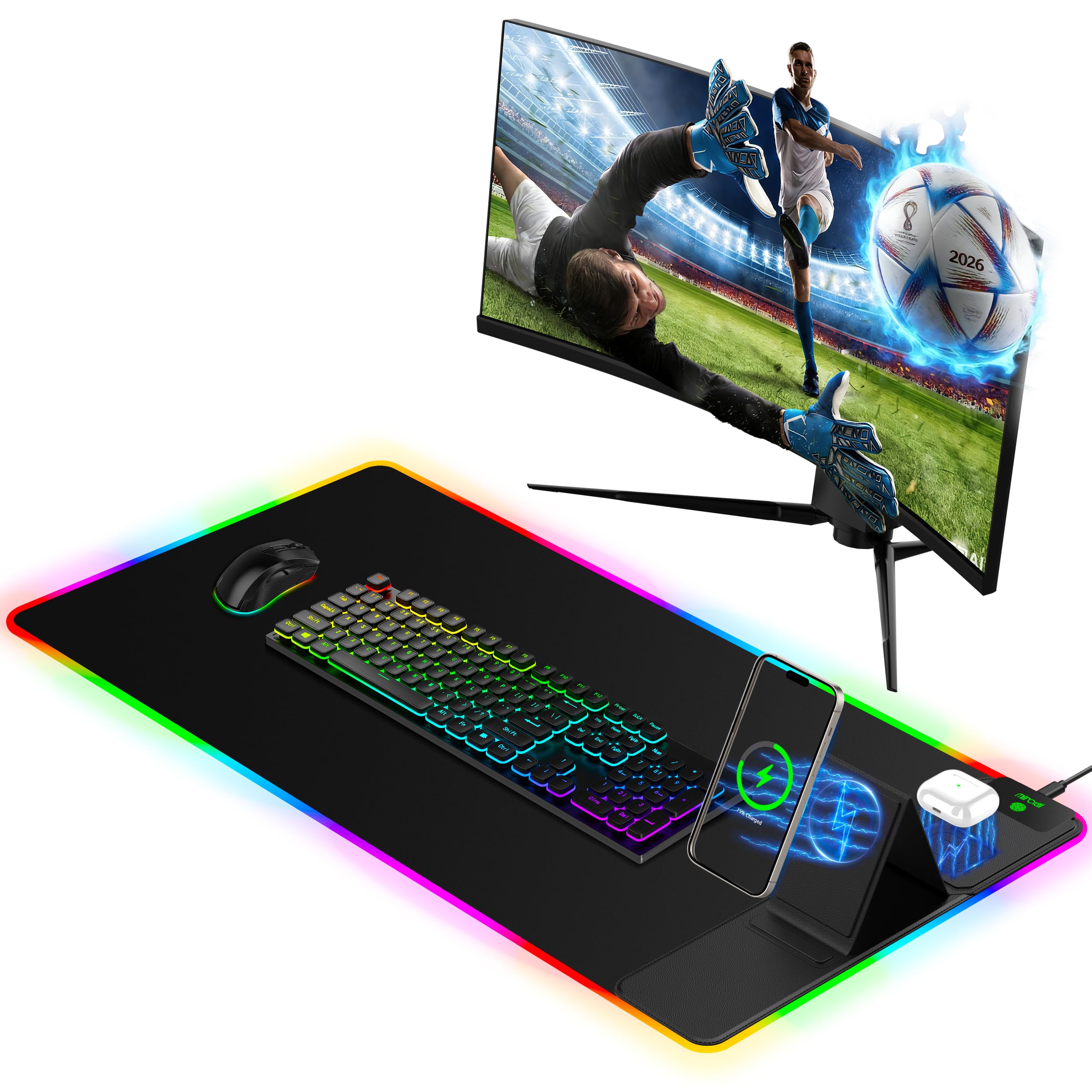 XXL Mouse Pad with Phone Holder - Black, RGB Desk Mat with 15W Fast Charging, LED Gaming Mousepad with 11 Light Colors, Waterproof Non-Slip Pad for Office & Home (Wave) - Flex Gamingproduct_type