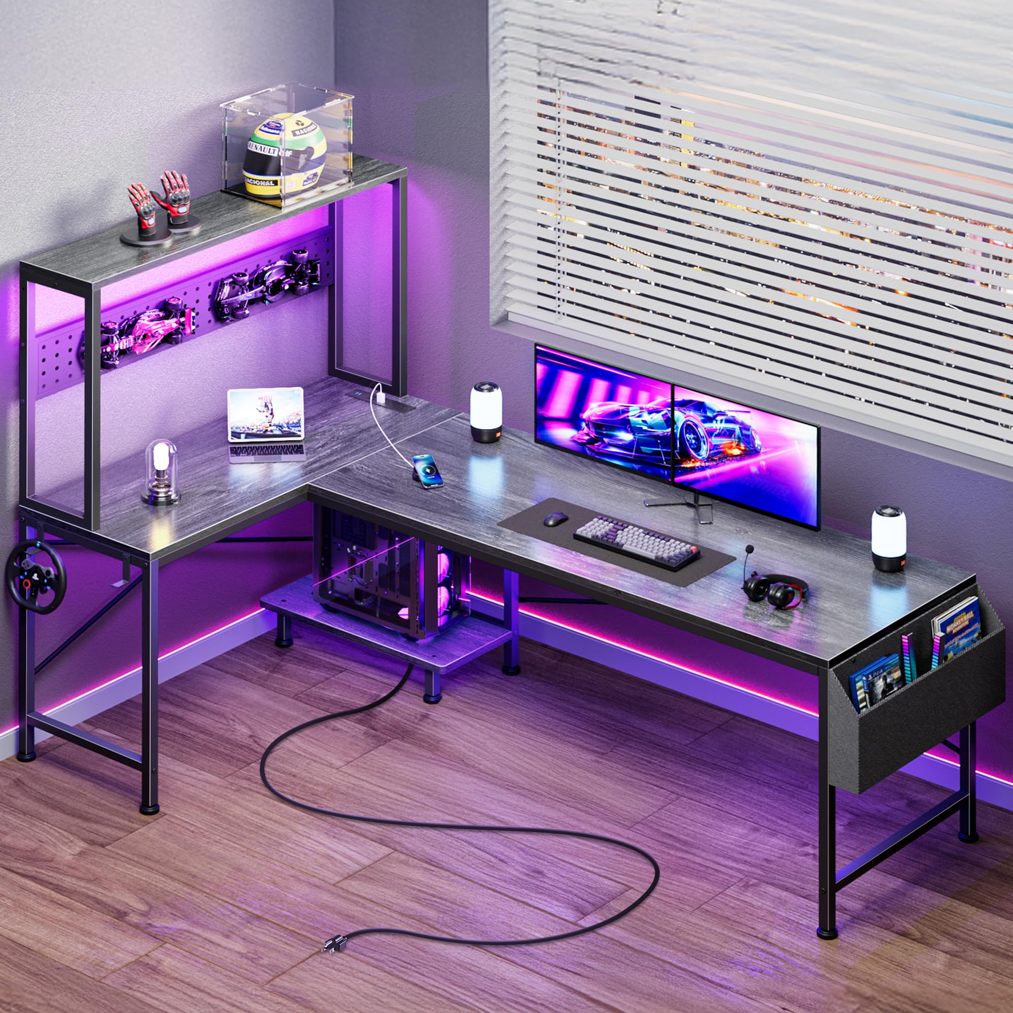 PRAISUN L Shaped Gaming Desk with LED Lights & Power Outlets, Reversible Computer Desk with Storage Shelves & Bag, Large Corner Home Office Desk with Pegboard for Work from Home, Black - Flex Gamingproduct_type