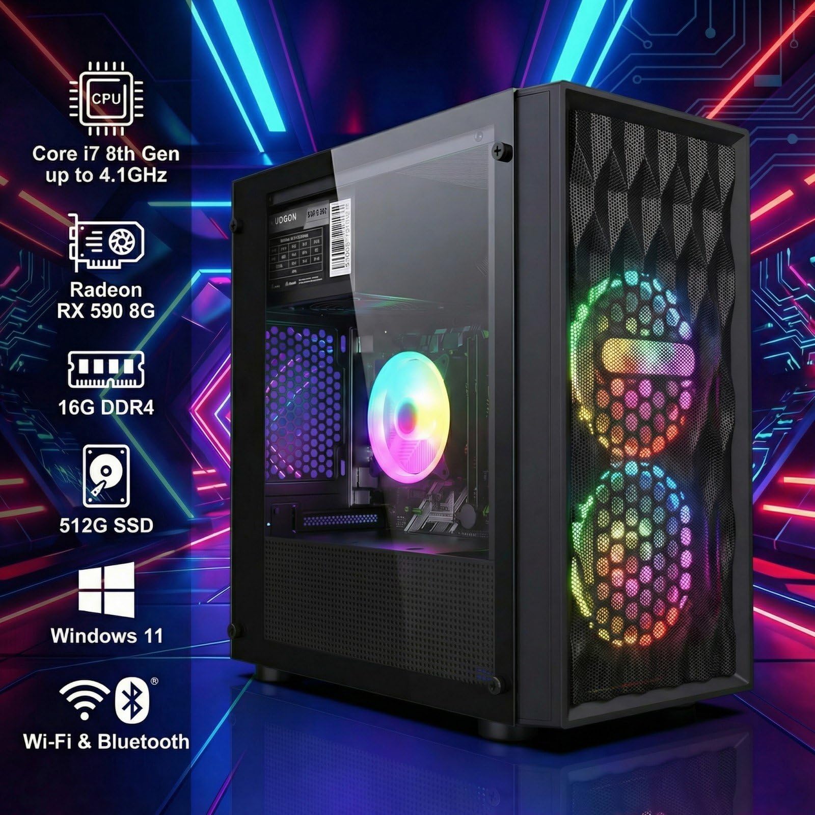 STGAubron Gaming PC Desktop Computer, Intel Core i7 up to 3.9GHz, Radeon RX 580 8G, 16G RAM, 512G SSD, WiFi 6, BT 5.0, RGB Fan x4, Windows 11 Home - Flex Gamingproduct_type