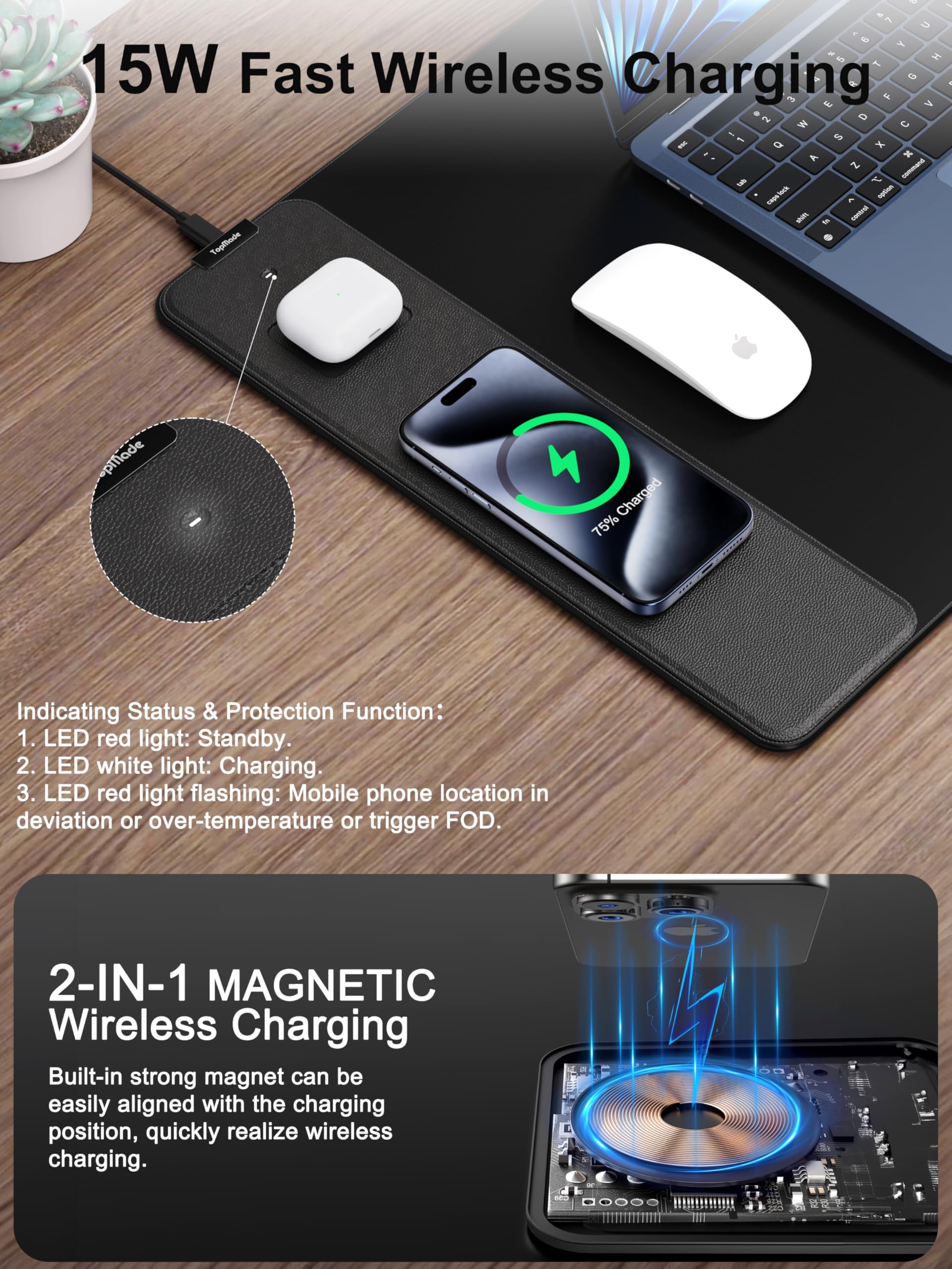 TopMade Wireless Charging RGB Mouse Pad, Waterproof Gaming Desk Mat with 4 Light Modes & 11 RGB Colors, 31.5"x15.75" XXL Large Desk Pad(Includes 20W PD Power Adapter & 6.56ft Woven Cable) - Flex Gamingproduct_type