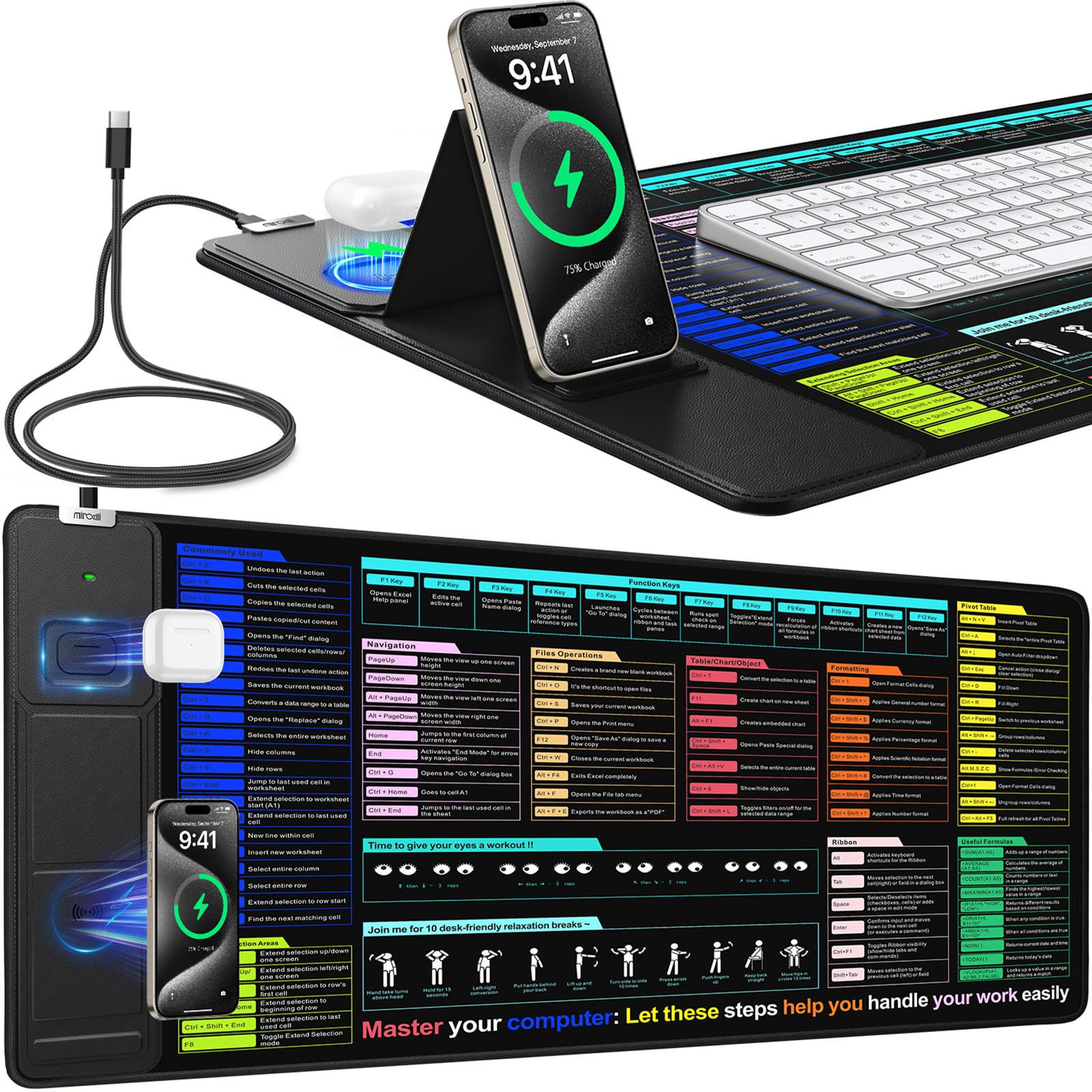 XXL Mouse Pad with Phone Holder - Black, RGB Desk Mat with 15W Fast Charging, LED Gaming Mousepad with 11 Light Colors, Waterproof Non-Slip Pad for Office & Home (Wave) - Flex Gamingproduct_type