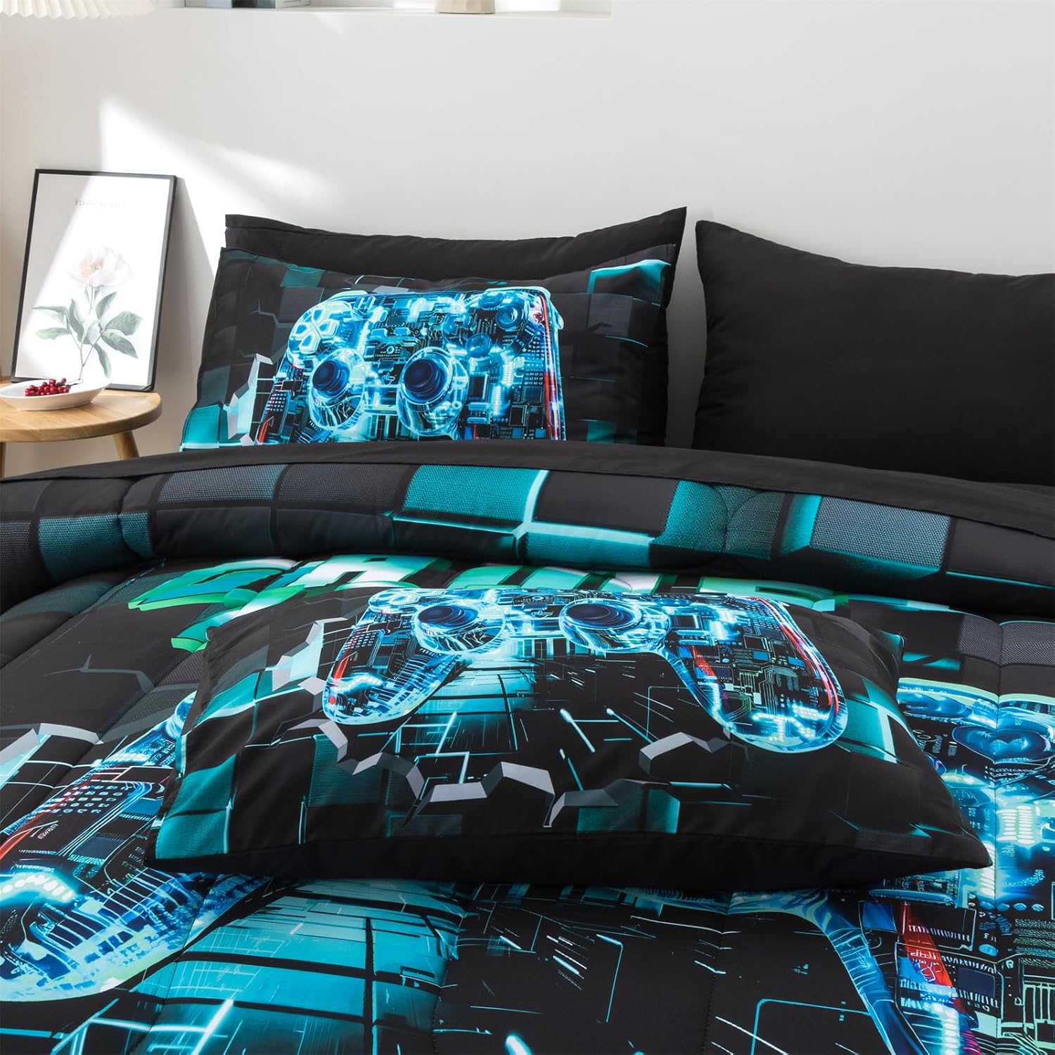 Aimuan Gamer Gaming Bedding Sets 3D Gamepad Comforter Sets for Boys Games Console Action Buttons Novelty Colorful Game Controller Modern Room Decor Home Quilt Set (Cyan, Twin 6PCS) - Flex Gamingproduct_type