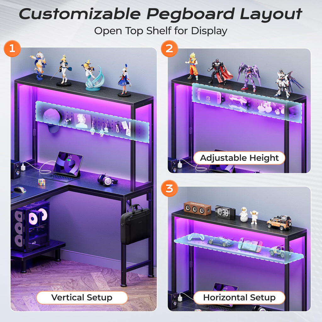 PRAISUN L Shaped Gaming Desk with LED Lights & Power Outlets, Reversible Computer Desk with Storage Shelves & Bag, Large Corner Home Office Desk with Pegboard for Work from Home, Black - Flex Gamingproduct_type