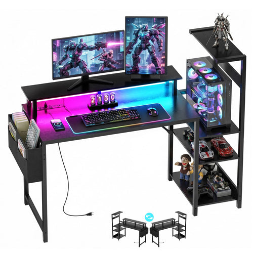 Apicizon 43 Inch Gaming Desk with LED Setup Style, Computer Desk with Storage Shelves & Monitor Stand, Reversible Workstation for Small Space, Home Office Desk Black - Flex Gamingproduct_type