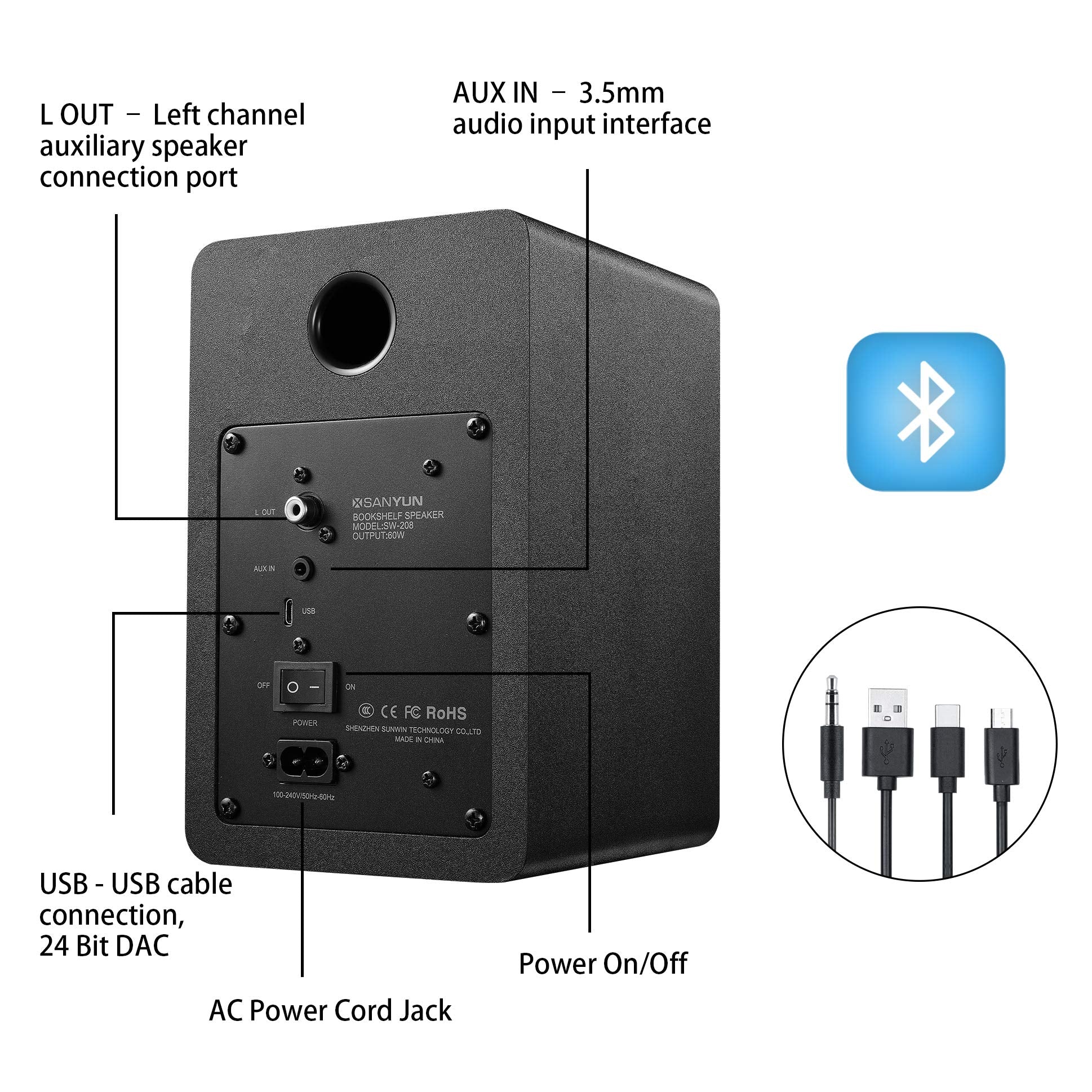 Sanyun SW208 3" Active Bluetooth 5.0 Bookshelf Speakers – 60W Carbon Fiber Speaker Unit - Built-in 24bit DAC - Dynamic 3D Surround Sound – 2.0 Computer PC Monitor Gaming Speakers (Pair, Black) - Flex Gamingproduct_type