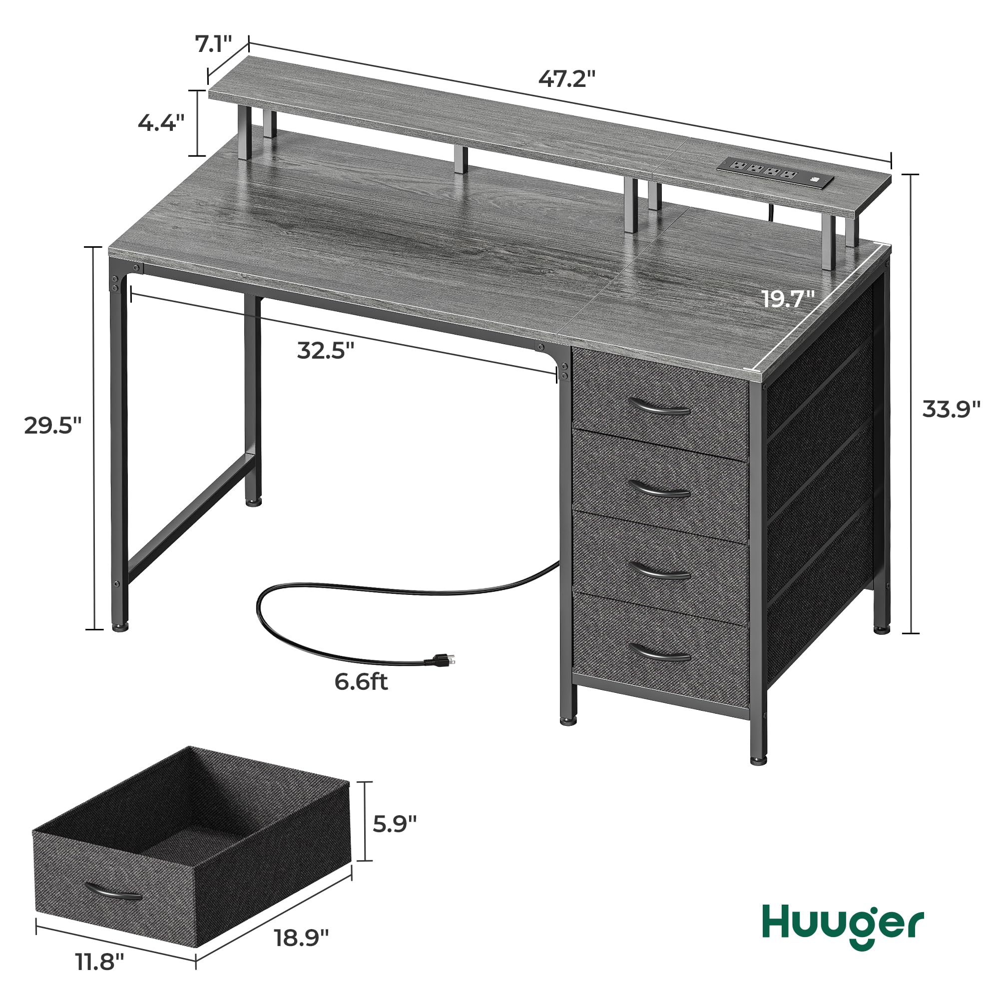 Huuger 47 Inch Computer Desk with Power Outlets and LED Lights, Gaming Desk with 4 Drawers, Office Desk with Monitor Stand, Study Work Home Office, Small Spaces, Black - Flex Gamingproduct_type