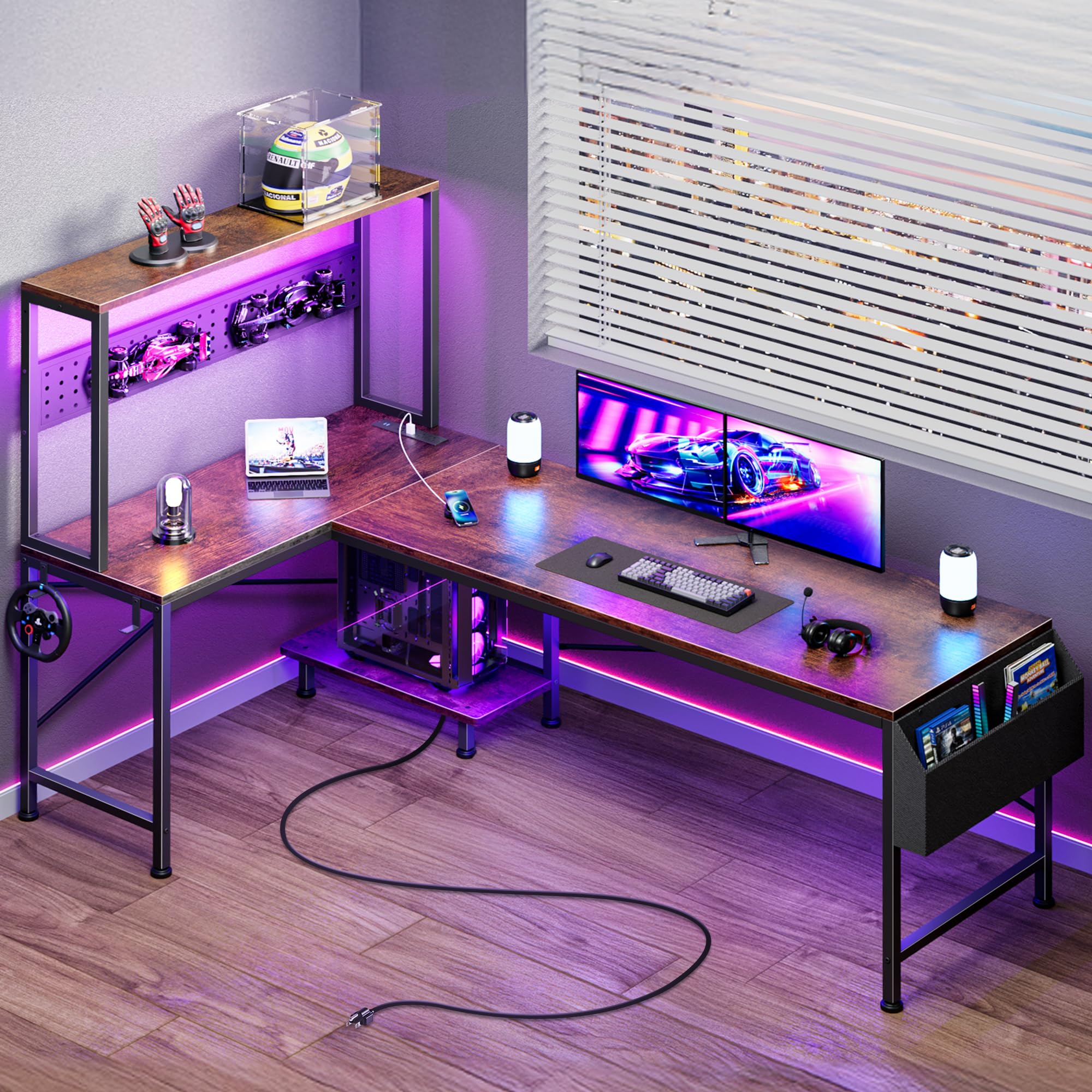 PRAISUN L Shaped Gaming Desk with LED Lights & Power Outlets, Reversible Computer Desk with Storage Shelves & Bag, Large Corner Home Office Desk with Pegboard for Work from Home, Black - Flex Gamingproduct_type