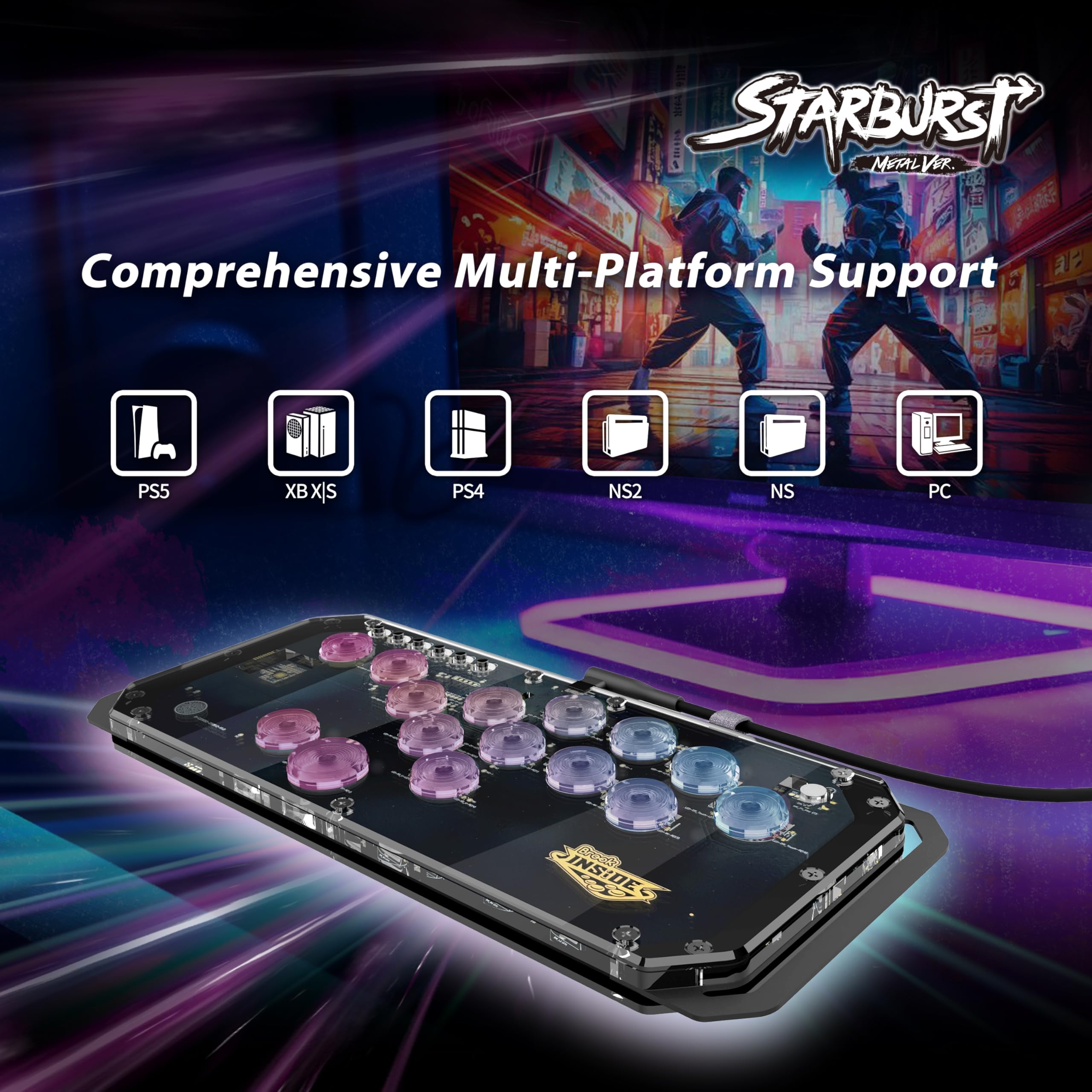 Brook Fighter Starburst Metal Ver. All-Button Arcade Controller for PS5, PS4, Xbox Series X|S, NS, NS2 & PC, Metal Side Handles, Hot-Swappable Switches, RGB Lighting, Officially Licensed (Black) - Flex Gamingproduct_type