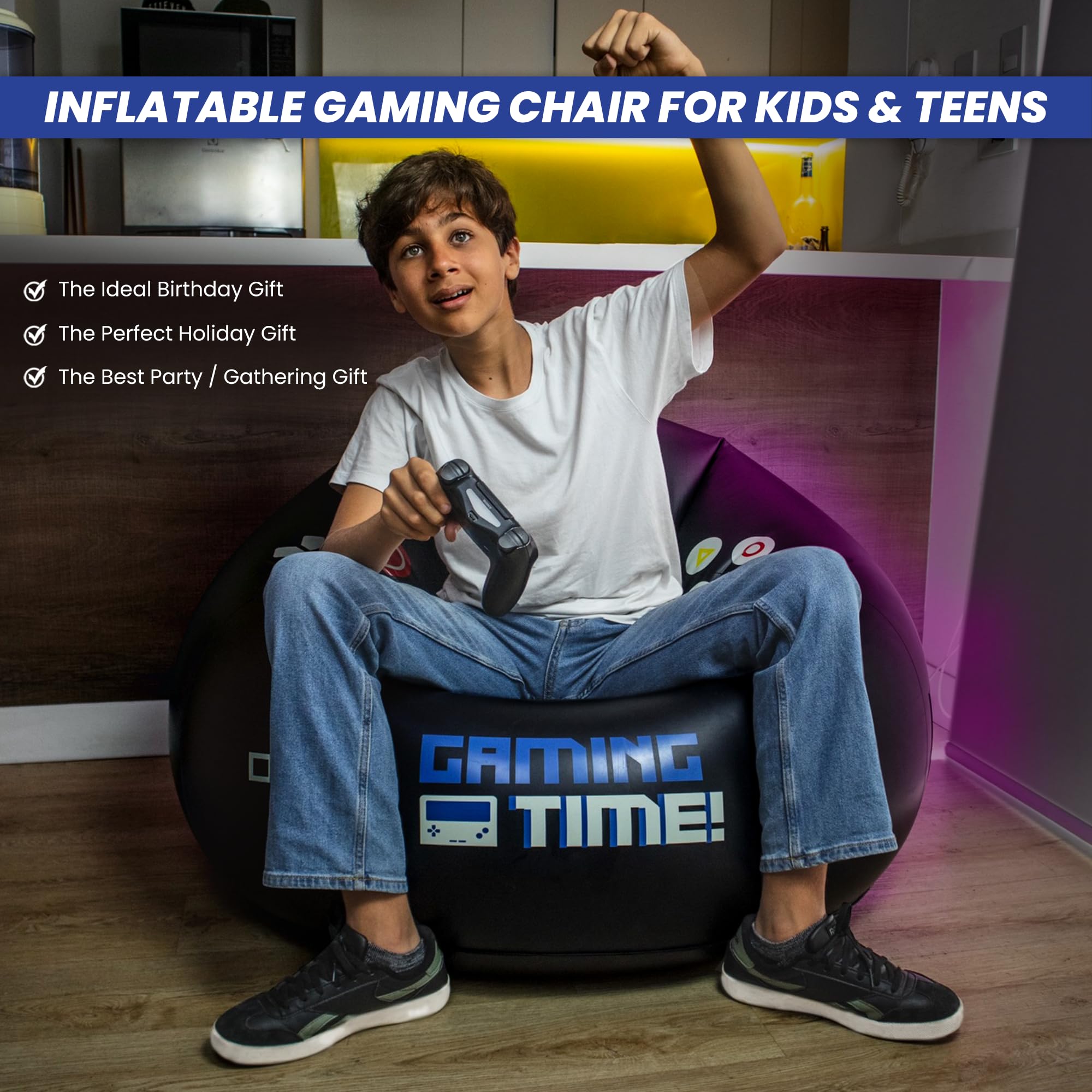 Inflatable Gaming Chair for Kids & Teens with Cup Holders and Side Pocket - This Air Gaming Bean Bag Chairs for kids is The Perfect Furniture for Gamer Room Decor - Perfect Gaming Stuff for boys 4-12 - Flex Gamingproduct_type