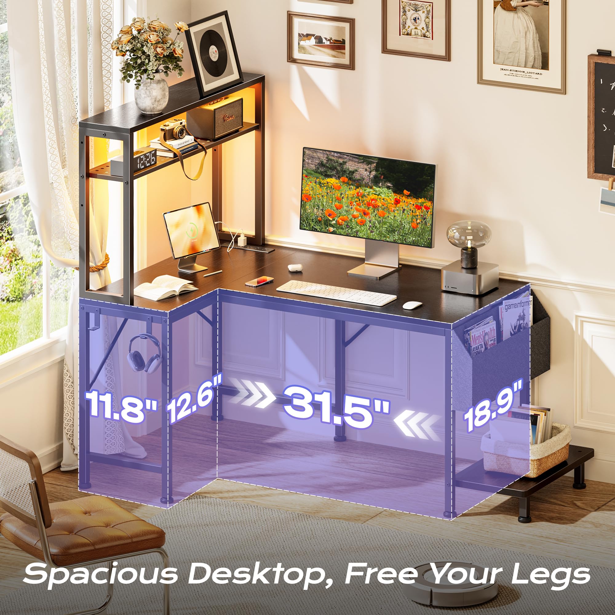 PRAISUN L Shaped Gaming Desk with LED Lights & Power Outlets, Reversible Computer Desk with Storage Shelves & Bag, Large Corner Home Office Desk with Pegboard for Work from Home, Black - Flex Gamingproduct_type