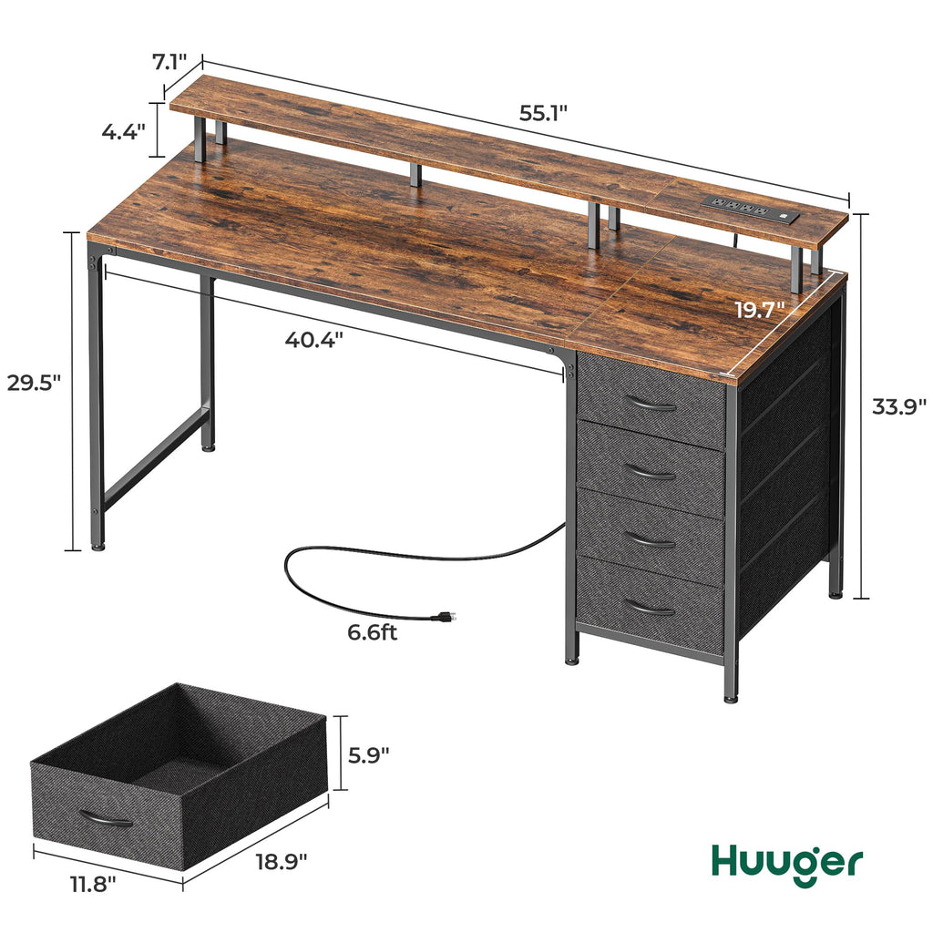 Huuger 47 Inch Computer Desk with Power Outlets and LED Lights, Gaming Desk with 4 Drawers, Office Desk with Monitor Stand, Study Work Home Office, Small Spaces, Black - Flex Gamingproduct_type