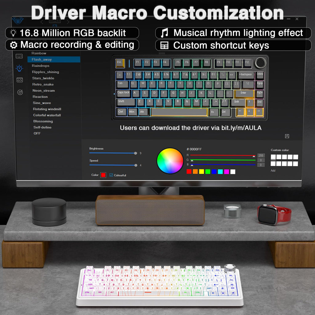 AULA F75 Pro Wireless Mechanical Keyboard,75% Hot Swappable Custom Keyboard with Knob,RGB Backlit,Pre-lubed Reaper Switches,Side Printed PBT Keycaps,2.4GHz/USB-C/BT5.0 Mechanical Gaming Keyboards - Flex Gamingproduct_type