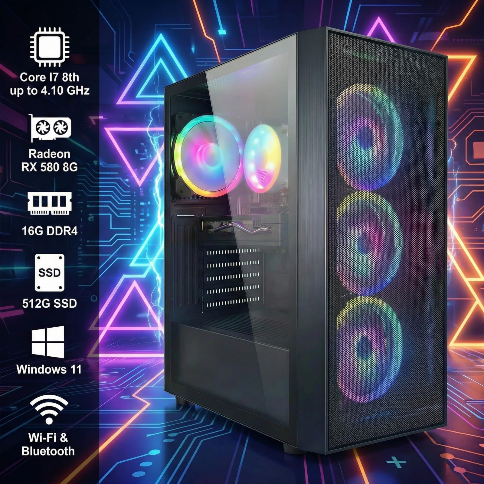 STGAubron Gaming PC Desktop Computer, Intel Core i7 up to 3.9GHz, Radeon RX 580 8G, 16G RAM, 512G SSD, WiFi 6, BT 5.0, RGB Fan x4, Windows 11 Home - Flex Gamingproduct_type