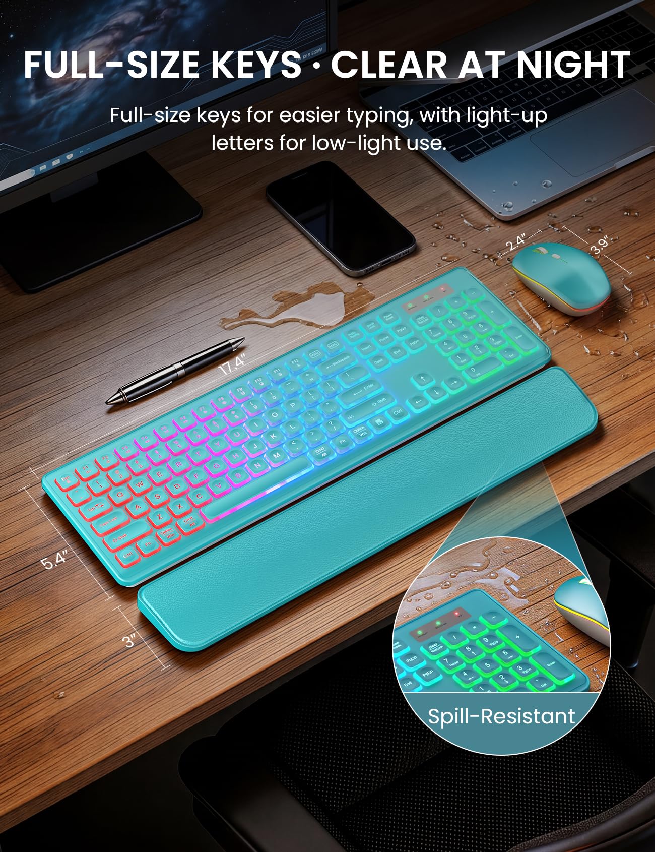 Wireless Keyboard and Mouse Combo, RGB Backlit, Rechargeable & Light Up Letters, Full-Size, Soft Typing, Sleep Mode, 2.4GHz Quiet Keyboard Set for Mac, Windows, Laptop, PC, Trueque KM42Pro (Black) - Flex Gamingproduct_type