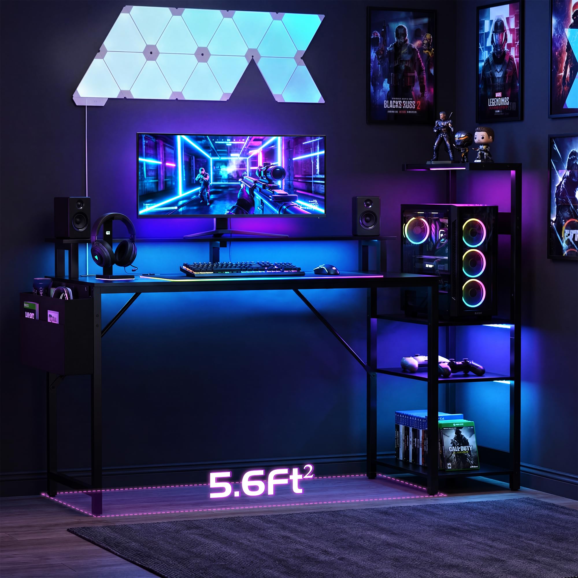 Apicizon 43 Inch Gaming Desk with LED Setup Style, Computer Desk with Storage Shelves & Monitor Stand, Reversible Workstation for Small Space, Home Office Desk Black - Flex Gamingproduct_type