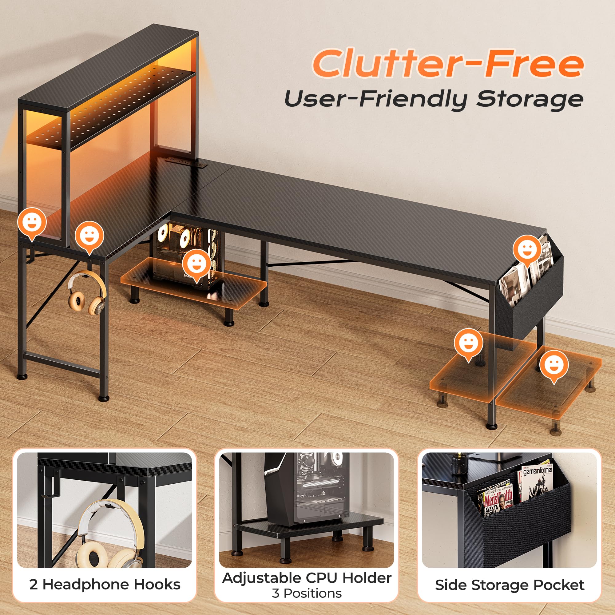 PRAISUN L Shaped Gaming Desk with LED Lights & Power Outlets, Reversible Computer Desk with Storage Shelves & Bag, Large Corner Home Office Desk with Pegboard for Work from Home, Black - Flex Gamingproduct_type
