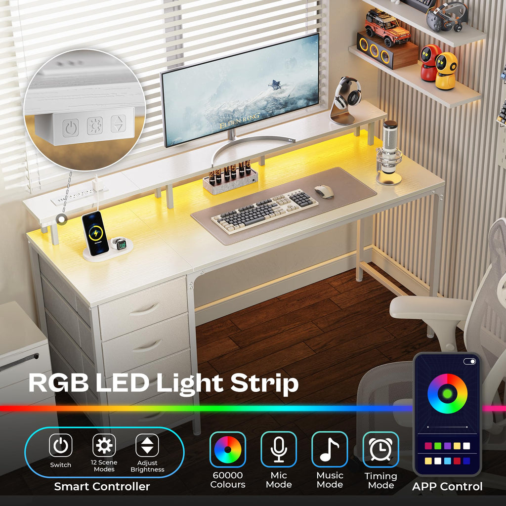 Huuger 47 Inch Computer Desk with Power Outlets and LED Lights, Gaming Desk with 4 Drawers, Office Desk with Monitor Stand, Study Work Home Office, Small Spaces, Black - Flex Gamingproduct_type