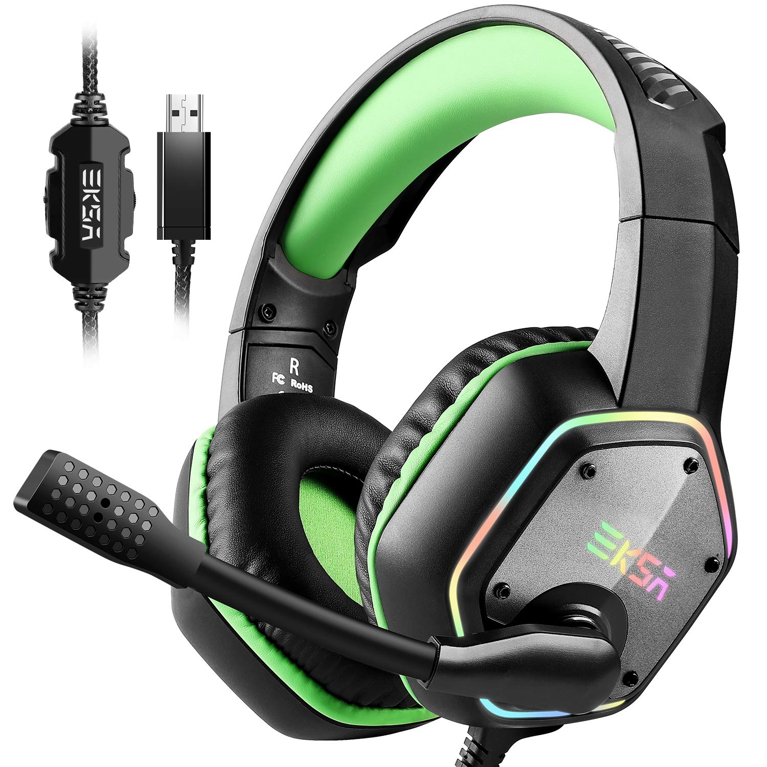 EKSA E1000 USB Gaming Headset for PC, Computer Headphones with Microphone/Mic Noise Cancelling, 7.1 Surround Sound, RGB Light - Wired Headphones for PS4, PS5 Console, Laptop, Call Center - Flex Gamingproduct_type