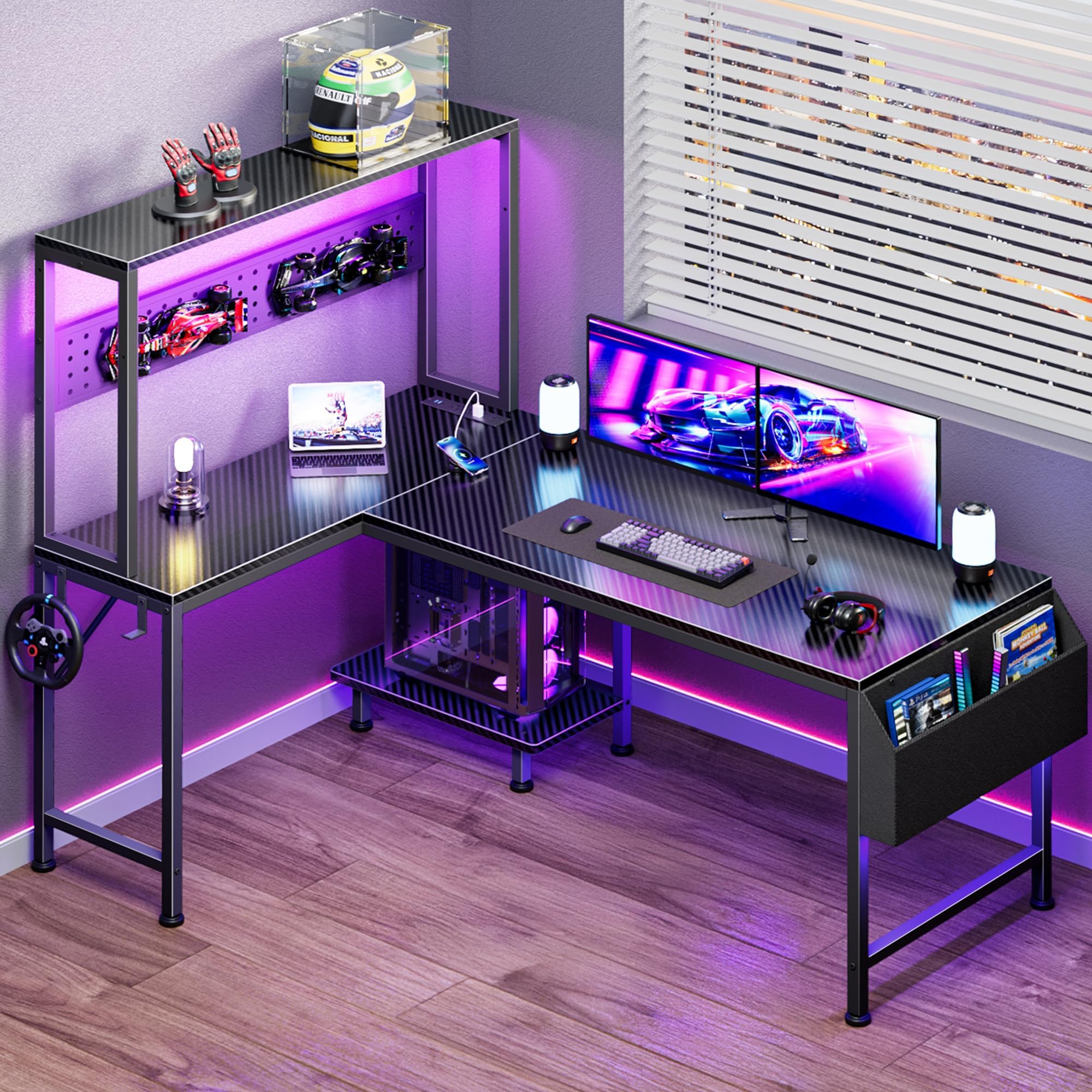 PRAISUN L Shaped Gaming Desk with LED Lights & Power Outlets, Reversible Computer Desk with Storage Shelves & Bag, Large Corner Home Office Desk with Pegboard for Work from Home, Black - Flex Gamingproduct_type
