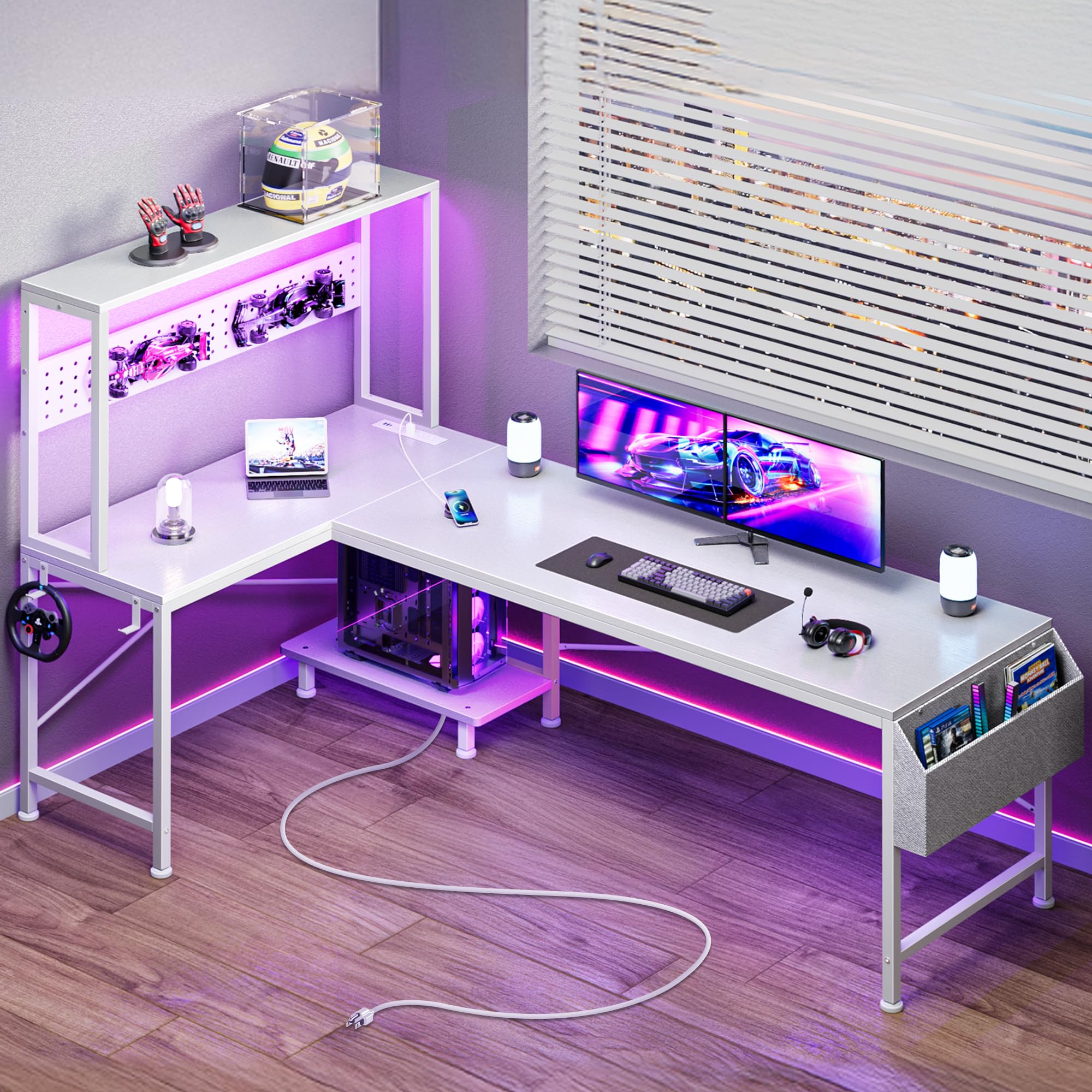 PRAISUN L Shaped Gaming Desk with LED Lights & Power Outlets, Reversible Computer Desk with Storage Shelves & Bag, Large Corner Home Office Desk with Pegboard for Work from Home, Black - Flex Gamingproduct_type