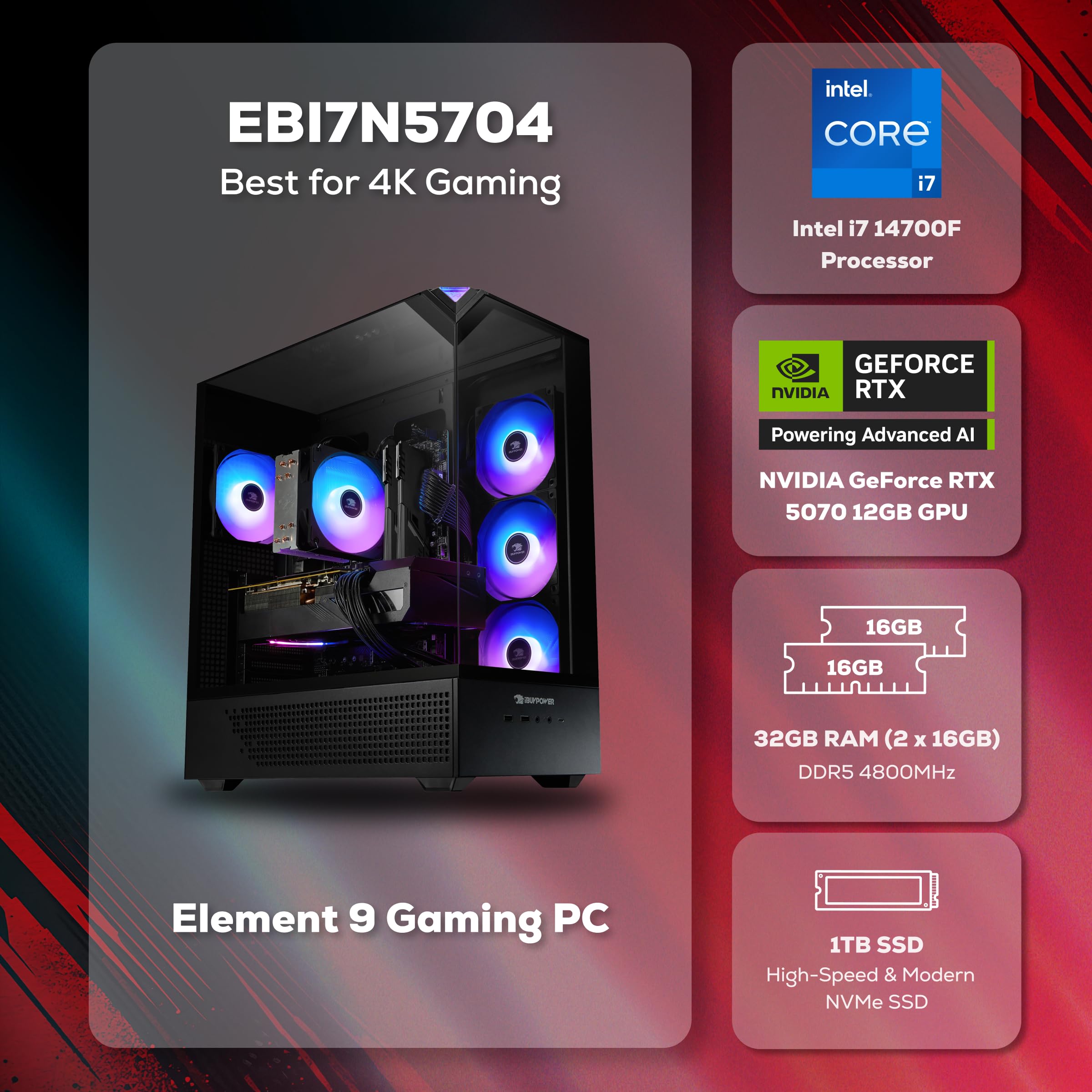 iBUYPOWER Element Gaming PC Desktop Computer AMD Ryzen 9 7900X CPU, NVIDIA GeForce RTX 5070 12GB GPU, 32GB DDR5 RAM, 1TB NVMe SSD, Windows 11 Home, Gamer Keyboard and Mouse - EWA9N5702 - Flex Gamingproduct_type