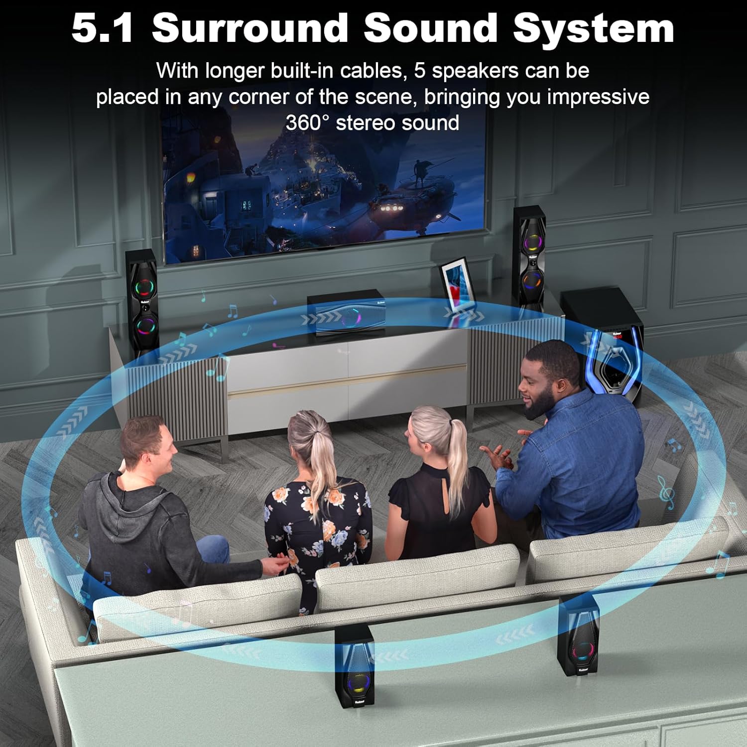 Bobtot Home Theater Systems Surround Sound Speakers - 1200 Watts 10 inch Subwoofer 5.1/2.1 Channel Audio Stereo System with ARC Optical Bluetooth Input for 4K TV Ultra HD AV DVD FM Radio USB - Flex Gamingproduct_type