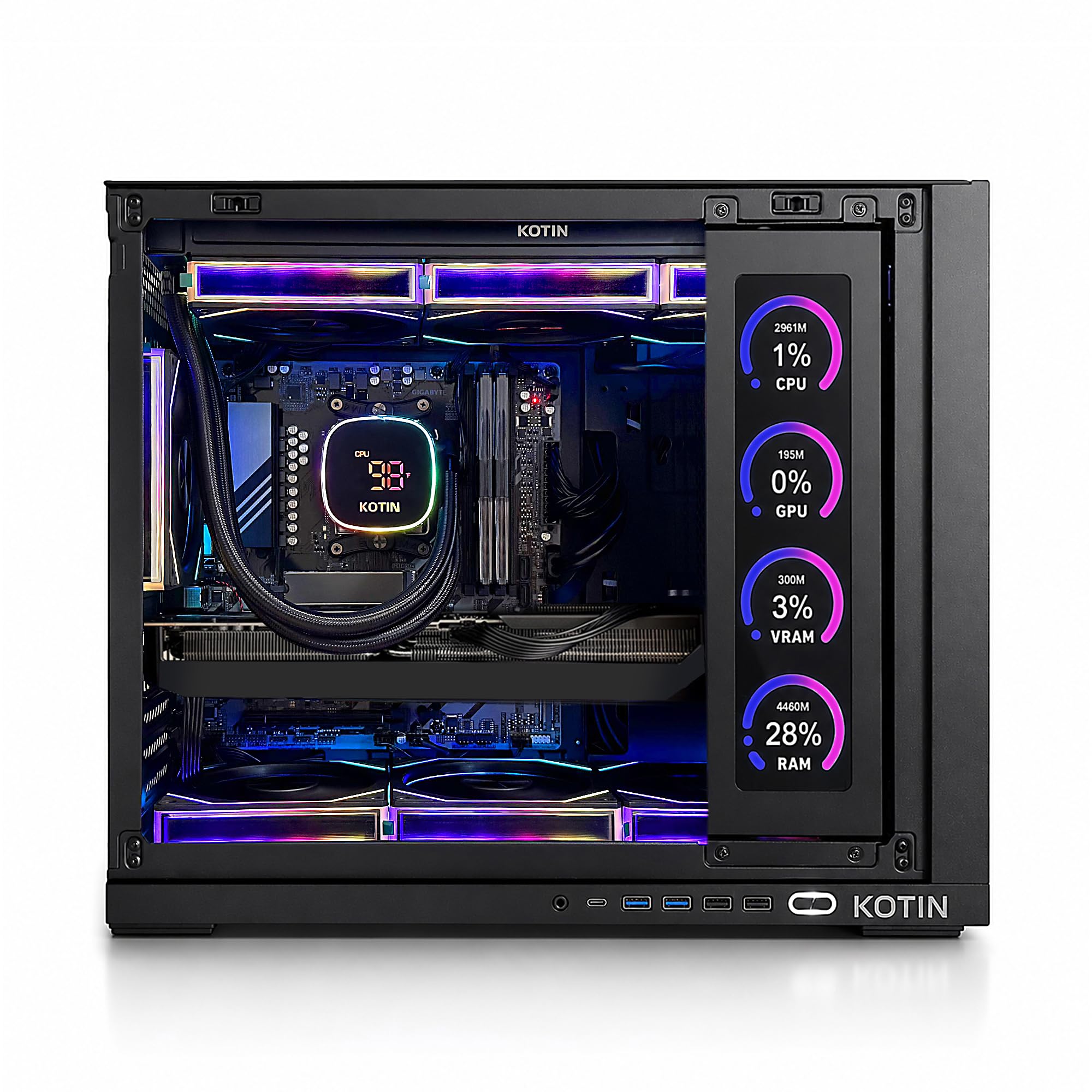 KOTIN Prebuilt Gaming PC RTX 5070 12GB, Ryzen 7 9700X, 32GB DDR5, 1TB SSD | 11.3in Secondary Display, 850W 80+ Gold PSU, 360mm Liquid Cooler, WiFi 7, 1440p 4K ARGB Windows 11 Gaming Desktop Computer - Flex Gamingproduct_type