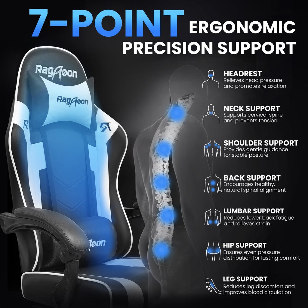 Gaming Chair for Adults Gamer Game Ergonomic PC Chair, 7-Point Support | Pocket Springs & Foam,51cm Wide Seat,Sync Armrests, 90°-135° Backrest, PU Leather, Black and White, 400lbs Load - Flex Gamingproduct_type